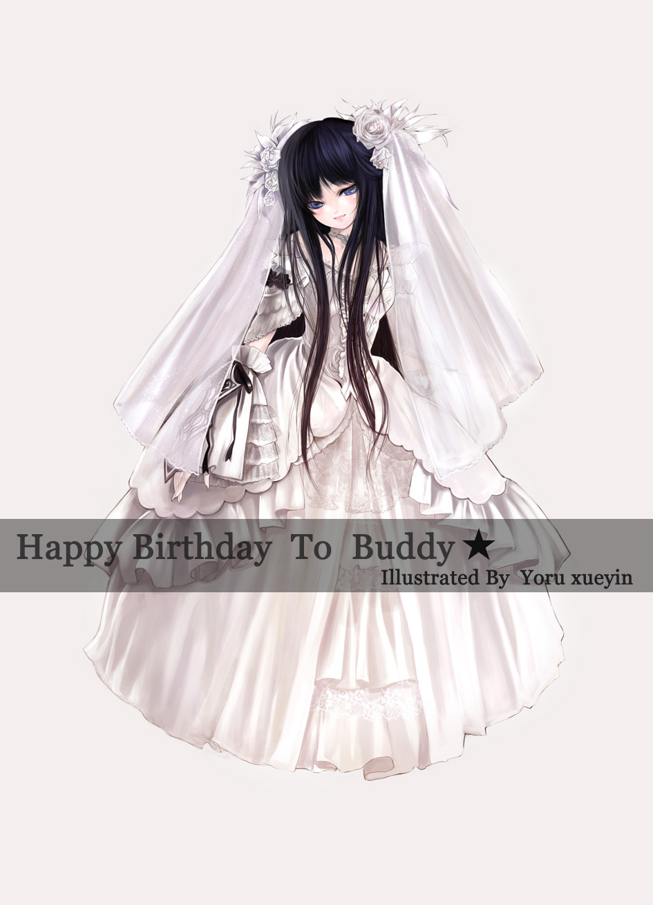 yoru (xueyinye), bad id, bad pixiv id, highres, black hair, blue eyes, bride, dress, long hair, solo, wedding dress