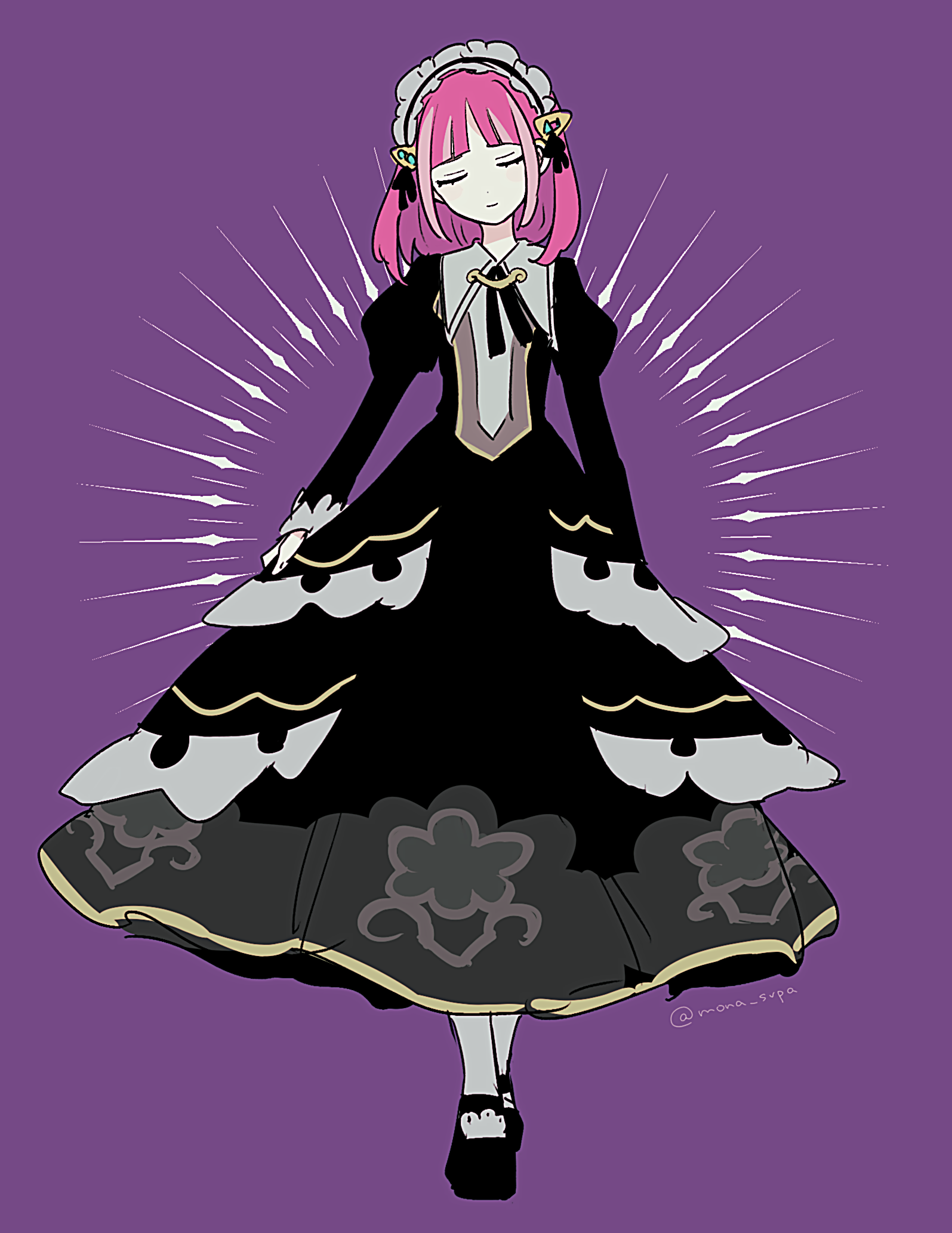 shinogo no, lacey (fall 2025) (pokemon), lacey (pokemon), nintendo, pokemon, pokemon masters ex, pokemon sv, highres, 1girl, aura, black dress, black shoes, closed eyes, dress, full body, hair ornament, headdress, long hair, maid, maid headdress, medium hair, official alternate costume, pantyhose, pink hair, purple background, shoes, simple background, solo, white pantyhose
