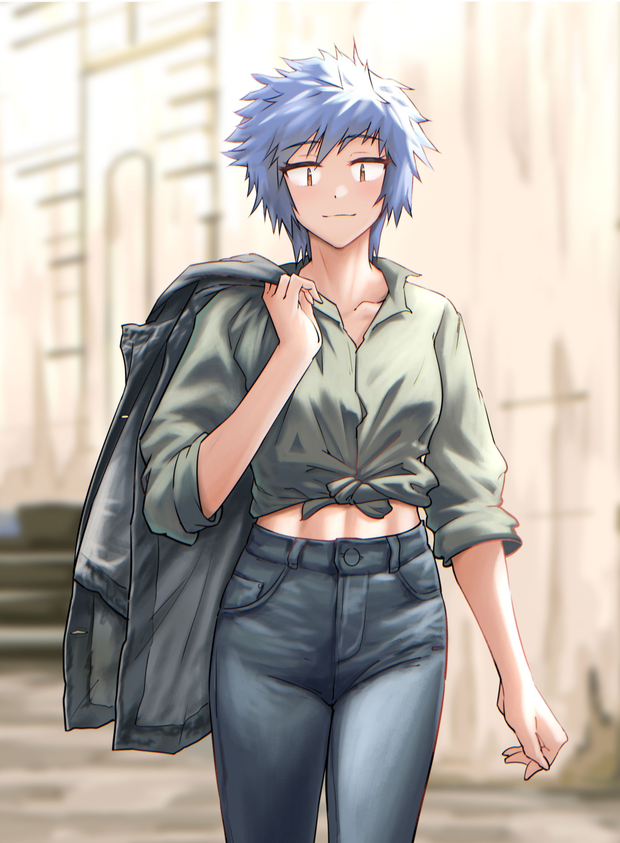 original, absurdres, commentary, highres, photo-referenced, blue hair, blue pants, blurry, blurry background, brown eyes, closed mouth, collarbone, cowboy shot, denim, eyelashes, green shirt, holding unworn jacket, jacket, jeans, pants, shirt, short hair, smile, spiked hair, stomach, tomboy, unworn jacket, user djpd2275