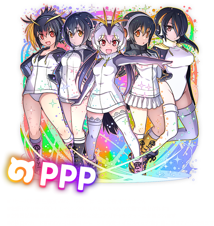 emperor penguin (kemono friends), gentoo penguin (kemono friends), humboldt penguin (kemono friends), rockhopper penguin (kemono friends), royal penguin (kemono friends), dragon poker, kemono friends, game cg, official art, 5girls, black hair, boots, elbow gloves, full body, gloves, hair over one eye, headphones, hood, hoodie, japari symbol, leotard, long hair, looking at viewer, multicolored hair, multiple girls, penguin girl, penguin tail, penguins performance project (kemono friends), red eyes, short hair, simple background, skirt, tail, thighhighs