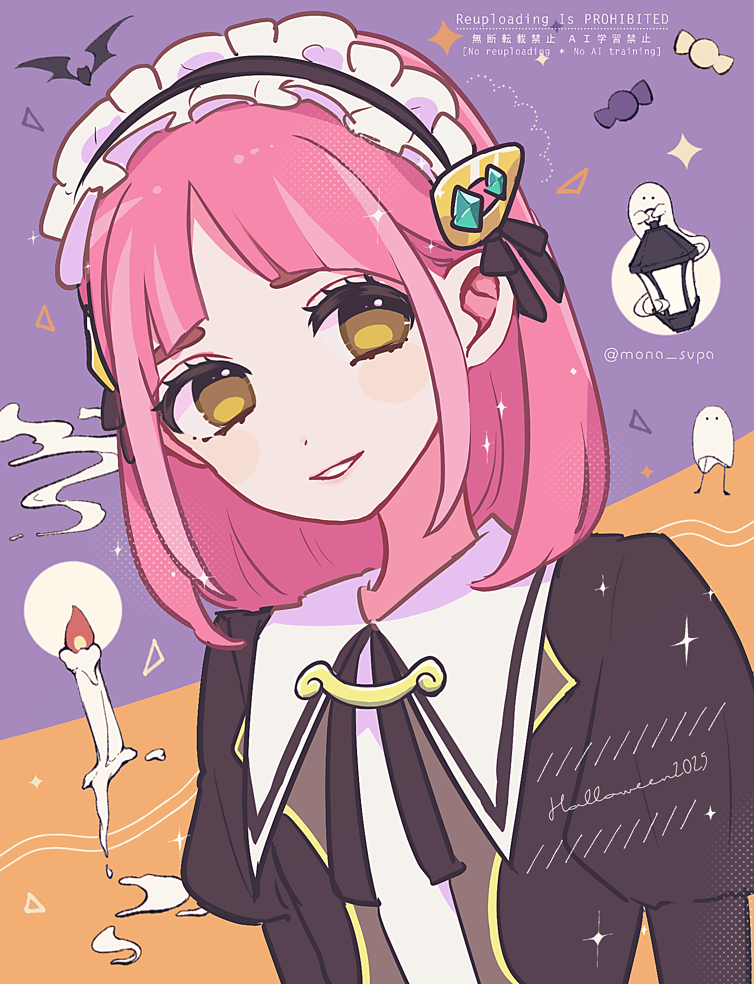 shinogo no, lacey (fall 2025) (pokemon), lacey (pokemon), nintendo, pokemon, pokemon masters ex, highres, 1girl, arched bangs, bat (animal), black dress, brown eyes, candle, candle wax, candy, dress, food, ghost, hair ornament, hairclip, halloween, juliet sleeves, long sleeves, looking at viewer, maid headdress, official alternate costume, parted lips, pink hair, puffy sleeves, smile, solo