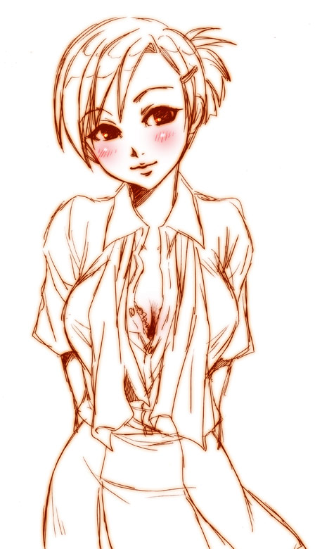 nishiwaki yuuko, atlus, persona, persona 3, 1girl, blush, breasts, cleavage, female focus, monochrome, solo