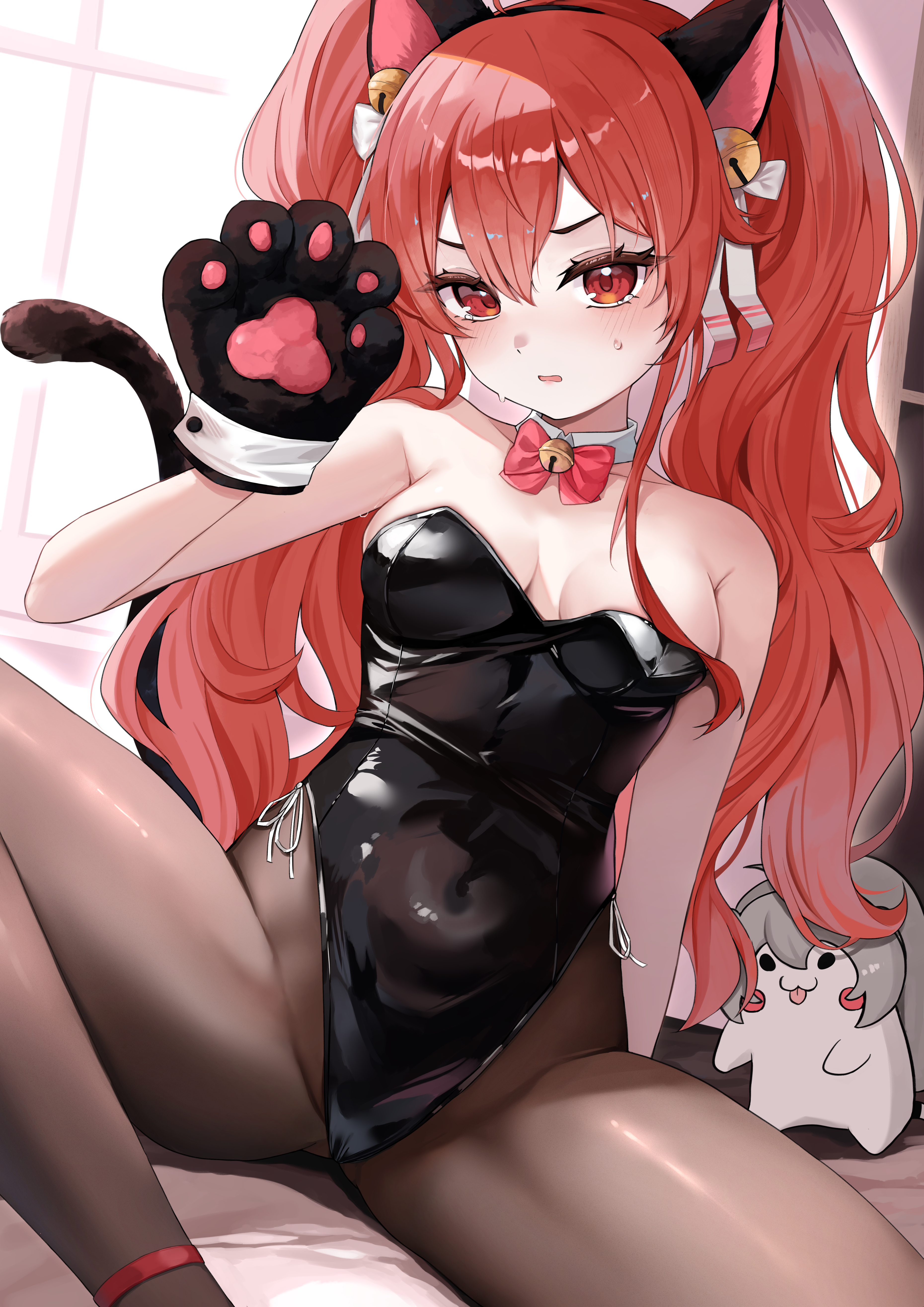 shawn358, eris greyrat, mushoku tensei, absurdres, commentary, highres, 1girl, animal ear hairband, animal ears, animal hands, bare shoulders, bed sheet, bell, black leotard, black pantyhose, blush, bow, bowtie, breasts, breasts apart, cat ear hairband, cat ears, cat tail, covered navel, detached collar, ear bell, fake animal ears, fake tail, feet out of frame, gloves, groin, hairband, hand up, highleg, highleg leotard, indoors, leotard, long hair, looking at viewer, neck bell, official alternate hairstyle, open mouth, pantyhose, paw gloves, pink bow, pink bowtie, playboy bunny, red eyes, red hair, side-tie leotard, sitting, small breasts, spread legs, strapless, strapless leotard, sweat, tail, thighs, twintails, very long hair, window