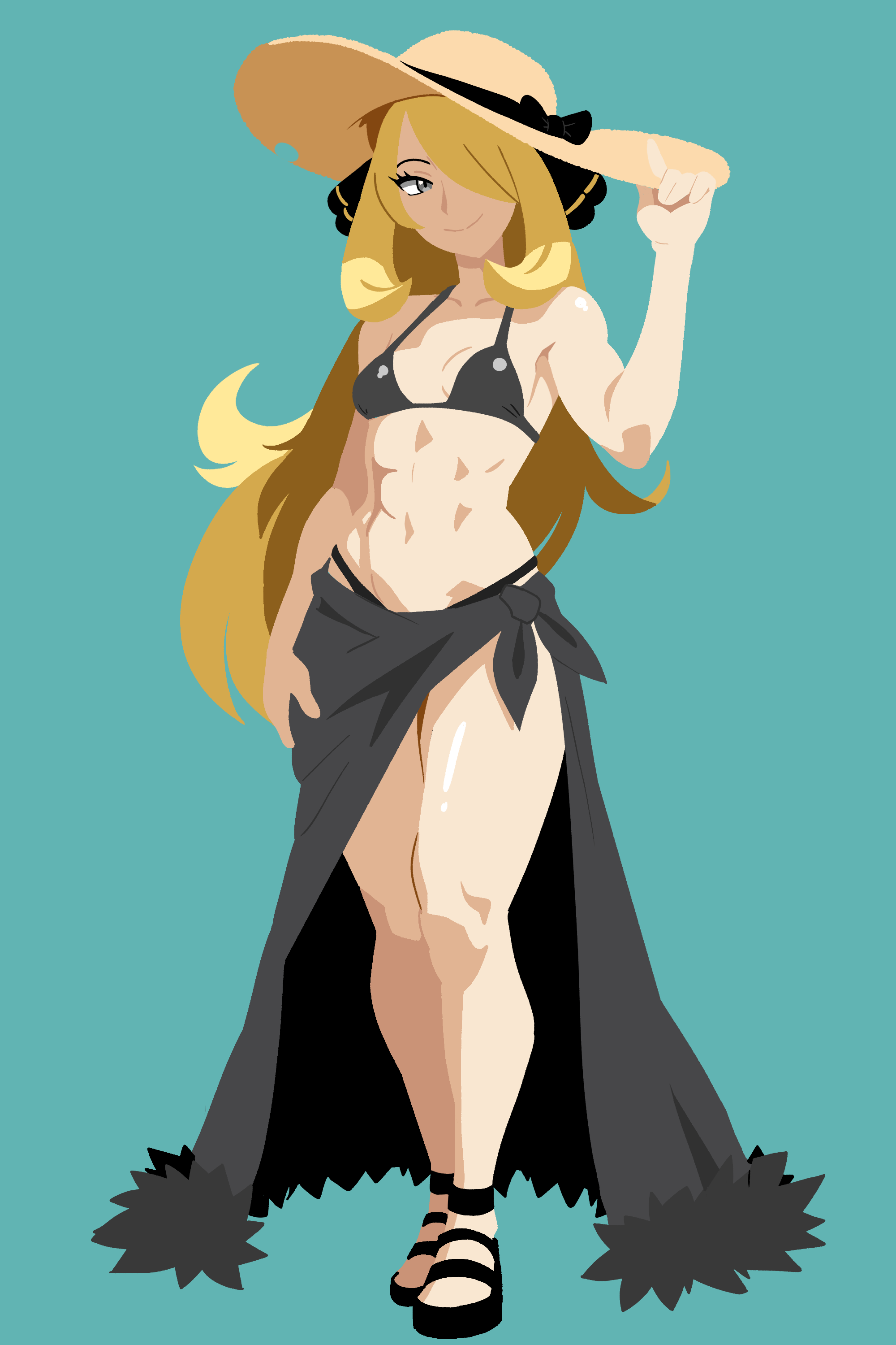 saucy aussy, cynthia (pokemon), nintendo, pokemon, pokemon dppt, absurdres, highres, 1girl, abs, adjusting clothes, adjusting headwear, aqua background, bikini, black bikini, black bow, black shoes, blonde hair, bow, breasts, closed mouth, clothes around waist, eyelashes, full body, grey eyes, hair ornament, hair over one eye, hand on own hip, hat, hat bow, jacket, jacket around waist, long hair, shiny skin, shoes, simple background, smile, solo, standing, sun hat, swimsuit, thighs, toned, toned female