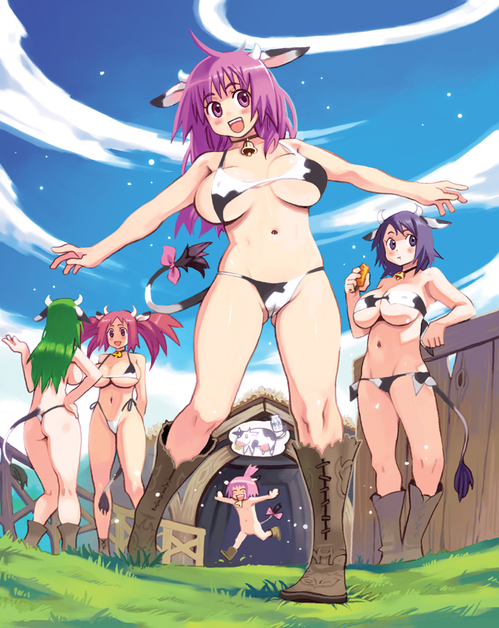 ryoji (nomura ryouji), original, 00s, 2009, 5girls, animal ears, animal print, barn, bell, bikini, blush, boots, breasts, cleavage, cleft of venus, cloud, cow, cow girl, cow print, cow tail, cowbell, day, eating, grass, green hair, groin, hand on own hip, horns, huge breasts, leaning, long hair, midriff, multiple girls, navel, new year, nude, open mouth, outdoors, pink hair, plump, purple hair, ranch, ribbon, short hair, side-tie bikini bottom, sky, smile, string bikini, swimsuit, tail, tail ornament, tail ribbon, twintails, women livestock