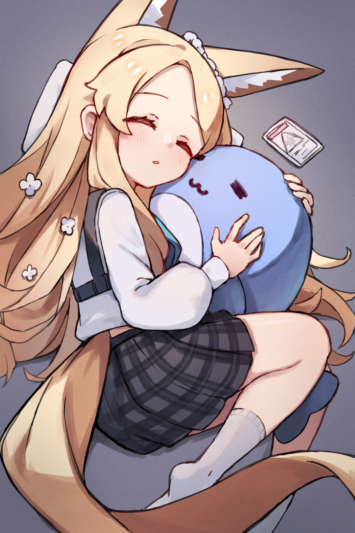 miya (miyaruta), hoshino (blue archive), seia (blue archive), blue archive, commentary, english commentary, highres, 1girl, animal ears, blonde hair, closed eyes, cosplay, fox ears, hoshino (blue archive) (cosplay), long hair, long sleeves, skirt, socks, solo, white socks