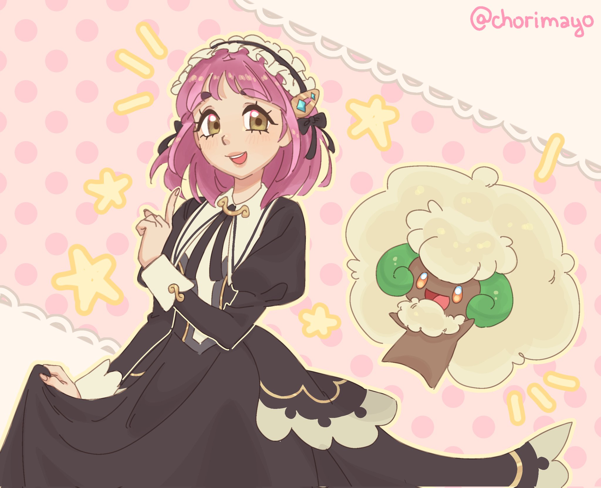 lacey (fall 2025) (pokemon), lacey (pokemon), whimsicott, nintendo, pokemon, pokemon masters ex, commentary, english commentary, highres, 1girl, :d, black dress, brown eyes, chorimayo, dress, eyelashes, gen 5 pokemon, index finger raised, juliet sleeves, long sleeves, looking at viewer, maid, maid headdress, official alternate costume, open mouth, pink hair, pokemon (creature), puffy sleeves, skirt hold, smile, twitter username