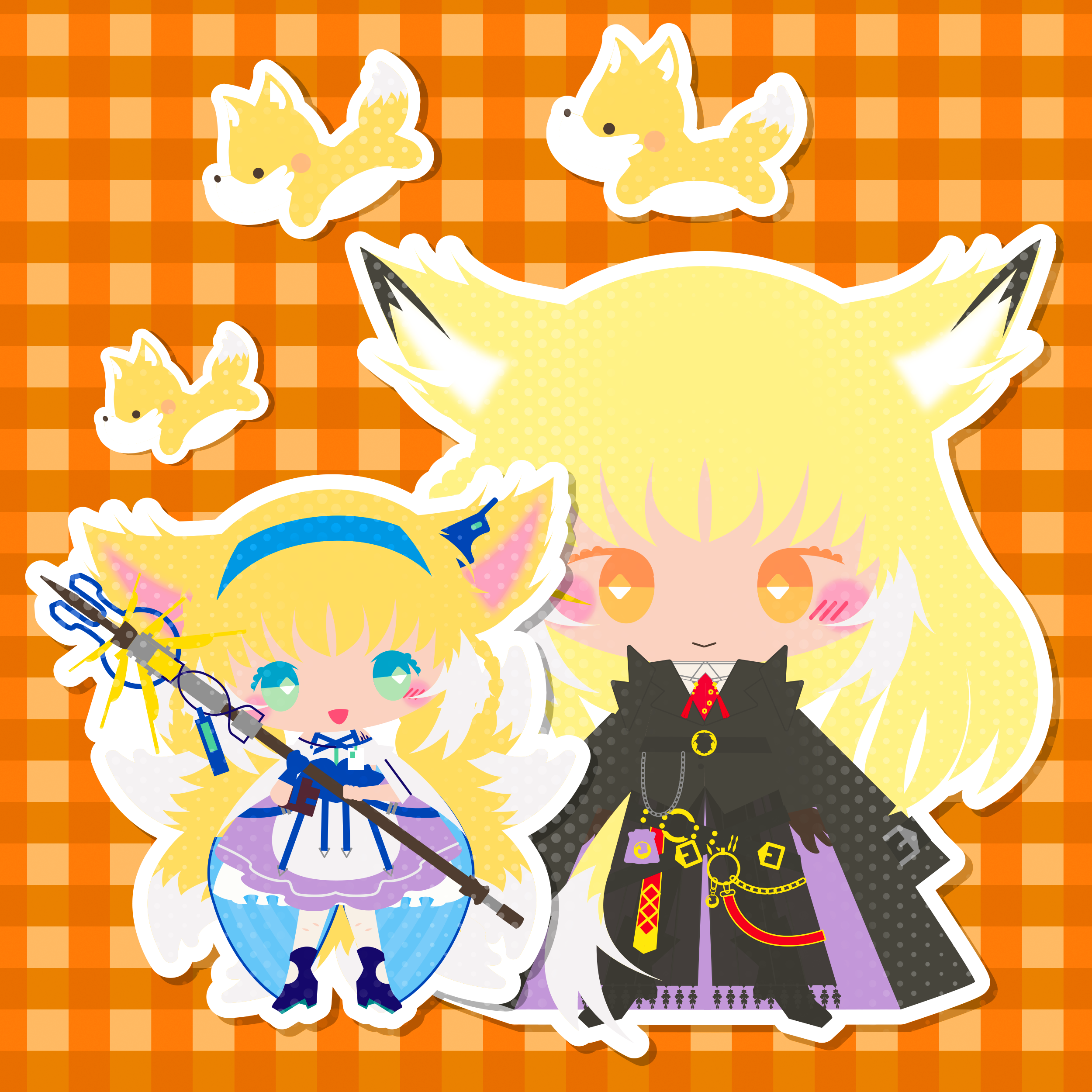 popo xxx, suzuran (arknights), vulpisfoglia (arknights), arknights, absurdres, commentary request, highres, animal ears, blonde hair, blue hairband, chibi, fox ears, fox girl, fox tail, hairband, holding, holding staff, kitsune, kyuubi, mother and daughter, multiple tails, plaid background, staff, tail