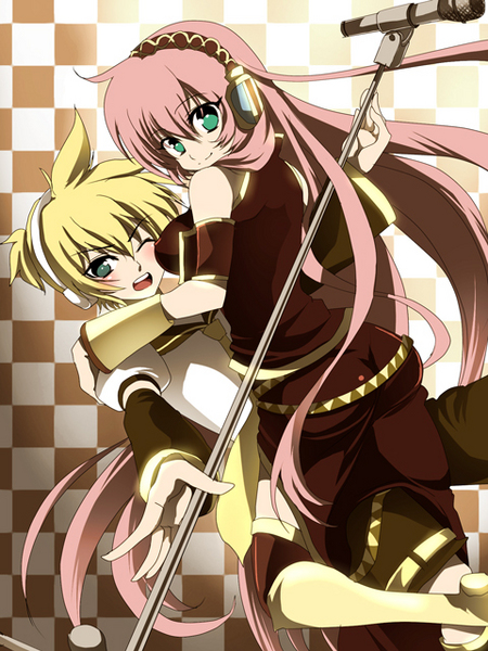kagamine len, megurine luka, vocaloid, blonde hair, blush, boots, detached sleeves, headphones, headset, knee boots, long hair, microphone, microphone stand, pink hair, short hair, skirt, very long hair