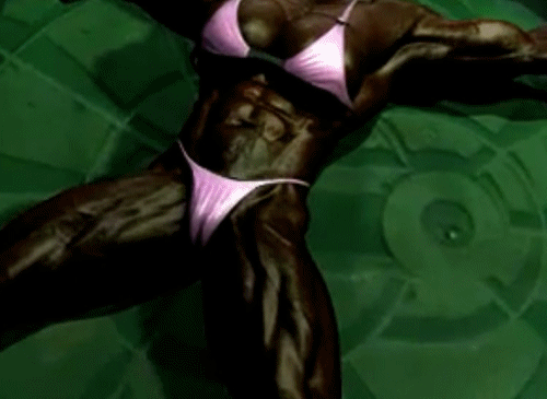 animated, animated gif, lowres, photo (medium), 1girl, 3d, bdsm, bikini, bondage, bound, bra, dark skin, extreme muscles, female focus, flexing, lingerie, muscular, muscular female, navel, panties, solo, swimsuit, underwear