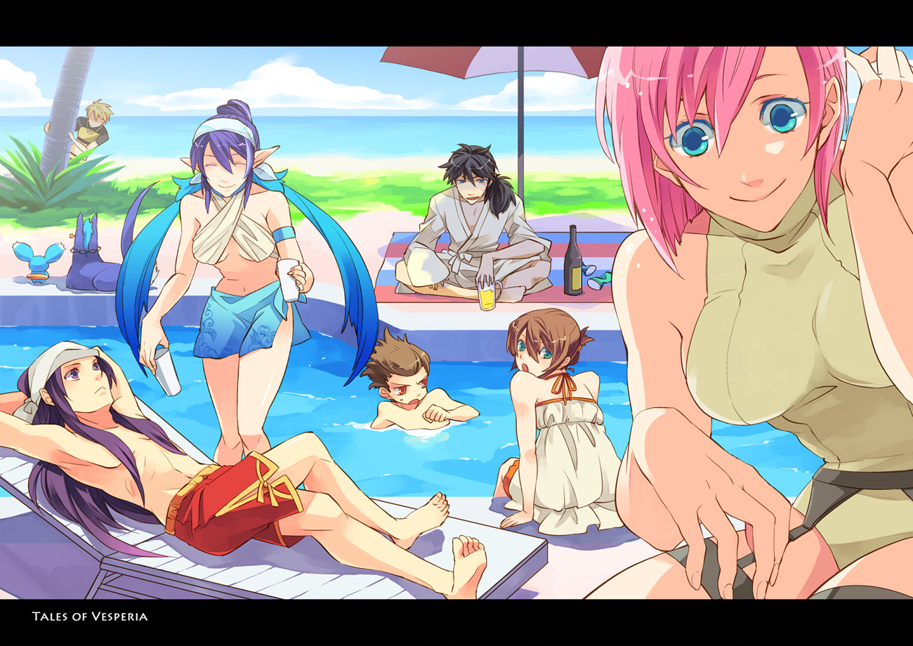 eterno, estellise sidos heurassein, flynn scifo, guy cecil, jade curtiss, judith (tales), karol capel, luke fon fabre, mieu (tales), natalia luzu kimlasca lanvaldear, raven (tales), repede (tales), rita mordio, tear grants, yuri lowell, tales of (series), tales of the abyss, tales of vesperia, bad id, bad pixiv id, 3girls, 4boys, alternate costume, beach, blue eyes, cosplay, day, everyone, guy cecil (cosplay), jade curtiss (cosplay), luke fon fabre (cosplay), multiple boys, multiple girls, natalia luzu kimlasca lanvaldear (cosplay), ocean, official alternate costume, one-piece swimsuit, outdoors, pink hair, pointy ears, pool, short hair, smile, swimsuit, tear grants (cosplay), water