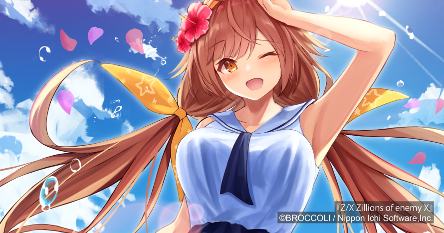 konome noi, z/x, official art, 1girl, armpits, bikini, blue sky, bow, breasts, brown eyes, brown hair, cloud, cloudy sky, copyright notice, flower, hair bow, hair flower, hair ornament, hibiscus, large breasts, low twintails, one eye closed, open mouth, orange bow, outdoors, pink petals, prism (z/x), sailor bikini, sailor collar, sky, solo, swimsuit, twintails, upper body, water drop