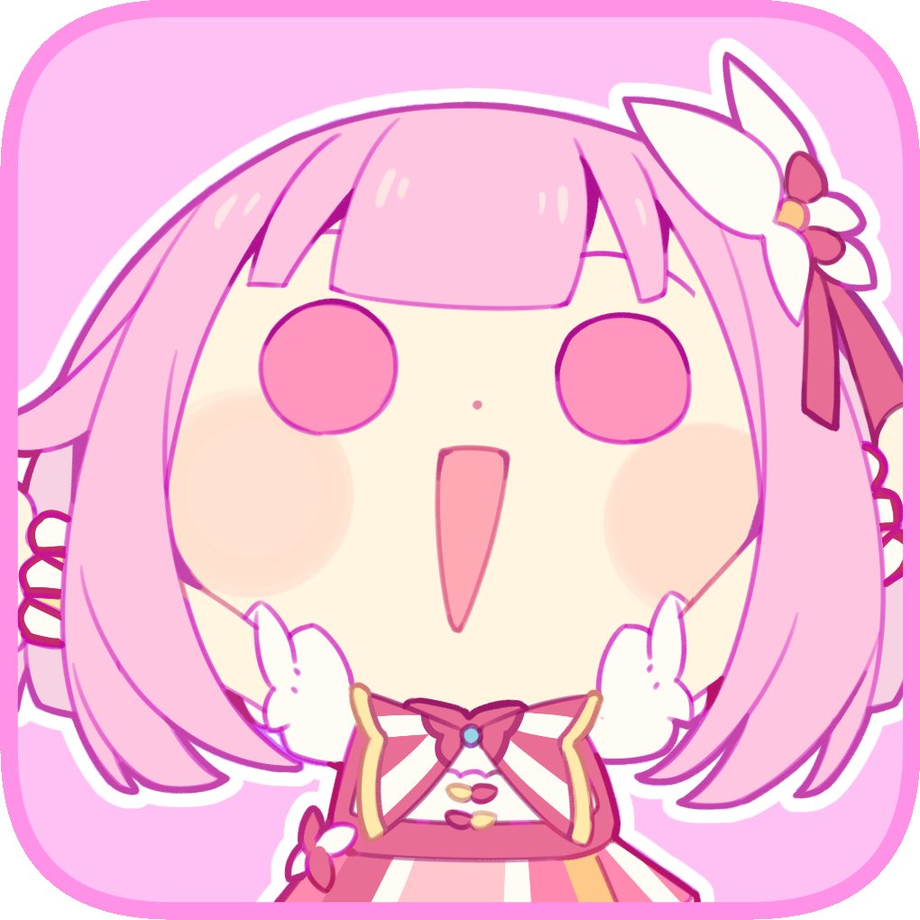 xiao sui shi zhi lang, ootori emu, project sekai, arms up, blush, dress, hair ribbon, open mouth, pink background, pink dress, pink eyes, pink hair, profile picture, puffy short sleeves, puffy sleeves, ribbon, short sleeves, white sleeves
