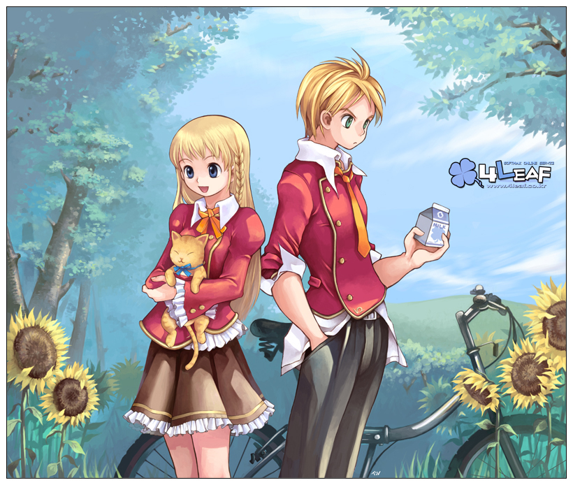 tiv, lucian kaltz, tichiel juspian, nexon, softmax, tales weaver, archived source, commentary, commentary request, english commentary, korean commentary, official art, 1boy, 1girl, 4leaf, :d, alternate costume, animal, artist name, belt buckle, bicycle, bicycle seat, black pants, blonde hair, blue eyes, blue ribbon, blue sky, border, braid, breasts, buckle, bush, buttons, cat, closed eyes, closed mouth, cloud, company name, cowboy shot, dark skin, dated commentary, day, dress pants, english text, flower, frilled jacket, frilled skirt, frills, gold buttons, grass, hand in pocket, height difference, hill, holding, holding animal, holding cat, holding milk carton, jacket, juliet sleeves, light frown, logo, long hair, long sleeves, low-braided long hair, low-tied long hair, medium breasts, milk carton, miniskirt, neck ribbon, necktie, open mouth, orange cat, orange fur, orange necktie, orange ribbon, outdoors, pants, pleated skirt, puffy sleeves, red jacket, red sleeves, ribbon, school uniform, signature, skirt, sky, smile, straight hair, sunflower, three-quarter sleeves, tree, twin braids, watermark, web address, white border, wing collar, yellow flower
