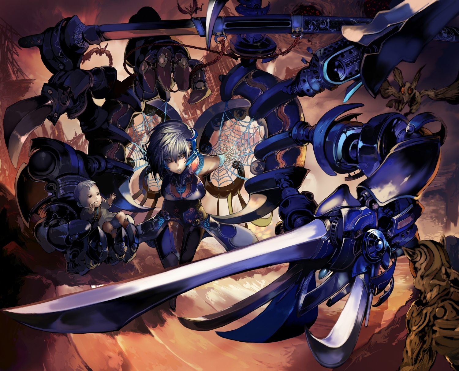 eel (artist), original, bad id, bad pixiv id, highres, 1girl, armor, baby, bat (animal), battle, brown eyes, epic, mecha musume, monster, short hair, silk, spider web, sword, weapon, white hair, yellow eyes