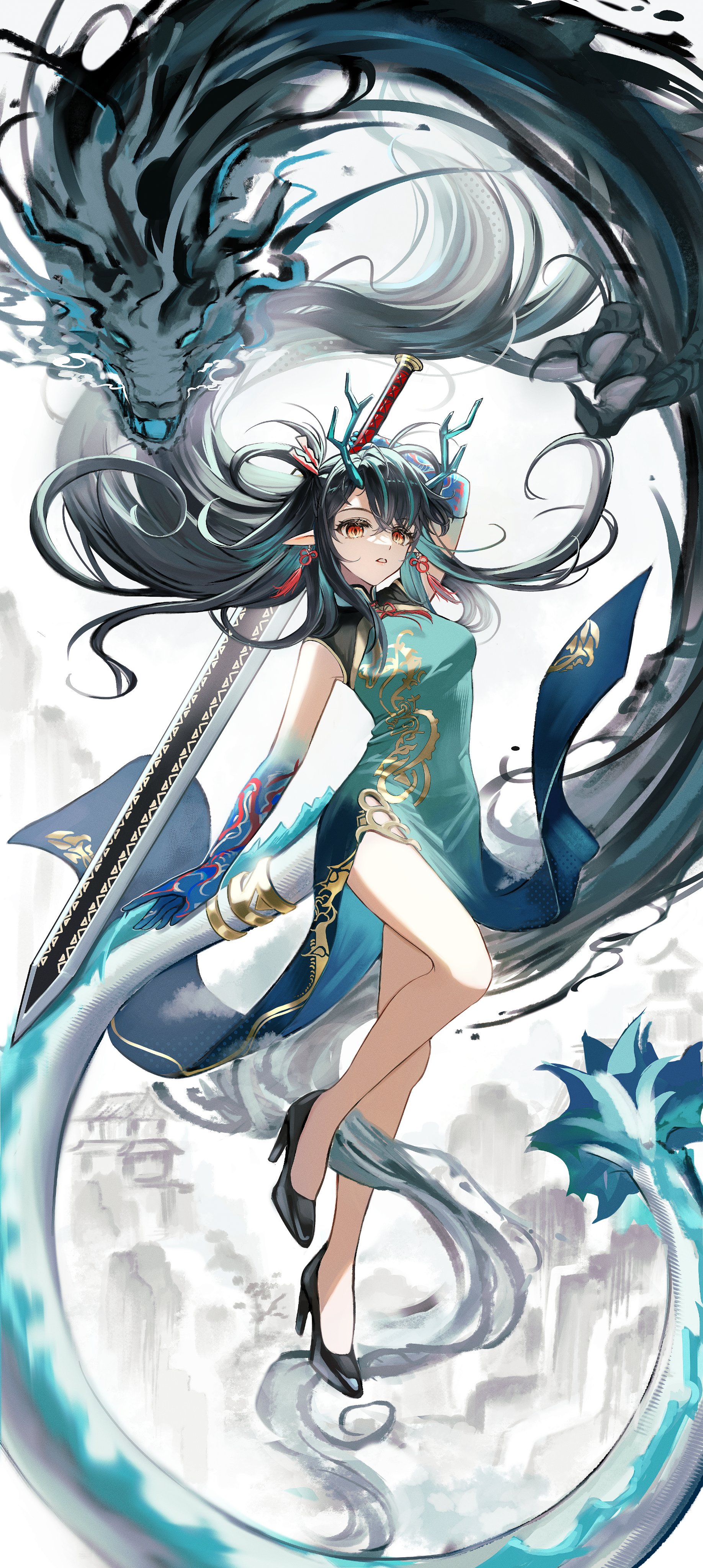 pluby v, dusk (arknights), dusk (everything is a miracle) (arknights), arknights, absurdres, highres, 1girl, black hair, china dress, chinese clothes, colored skin, dragon girl, dragon horns, dragon tail, dress, earrings, eastern dragon tail, gradient skin, green hands, green horns, green skin, holding, holding sword, holding weapon, horns, ink, jewelry, looking at viewer, pointy ears, red eyes, sleeveless, sword, tail, tail ornament, tail ring, tassel, tassel earrings, weapon