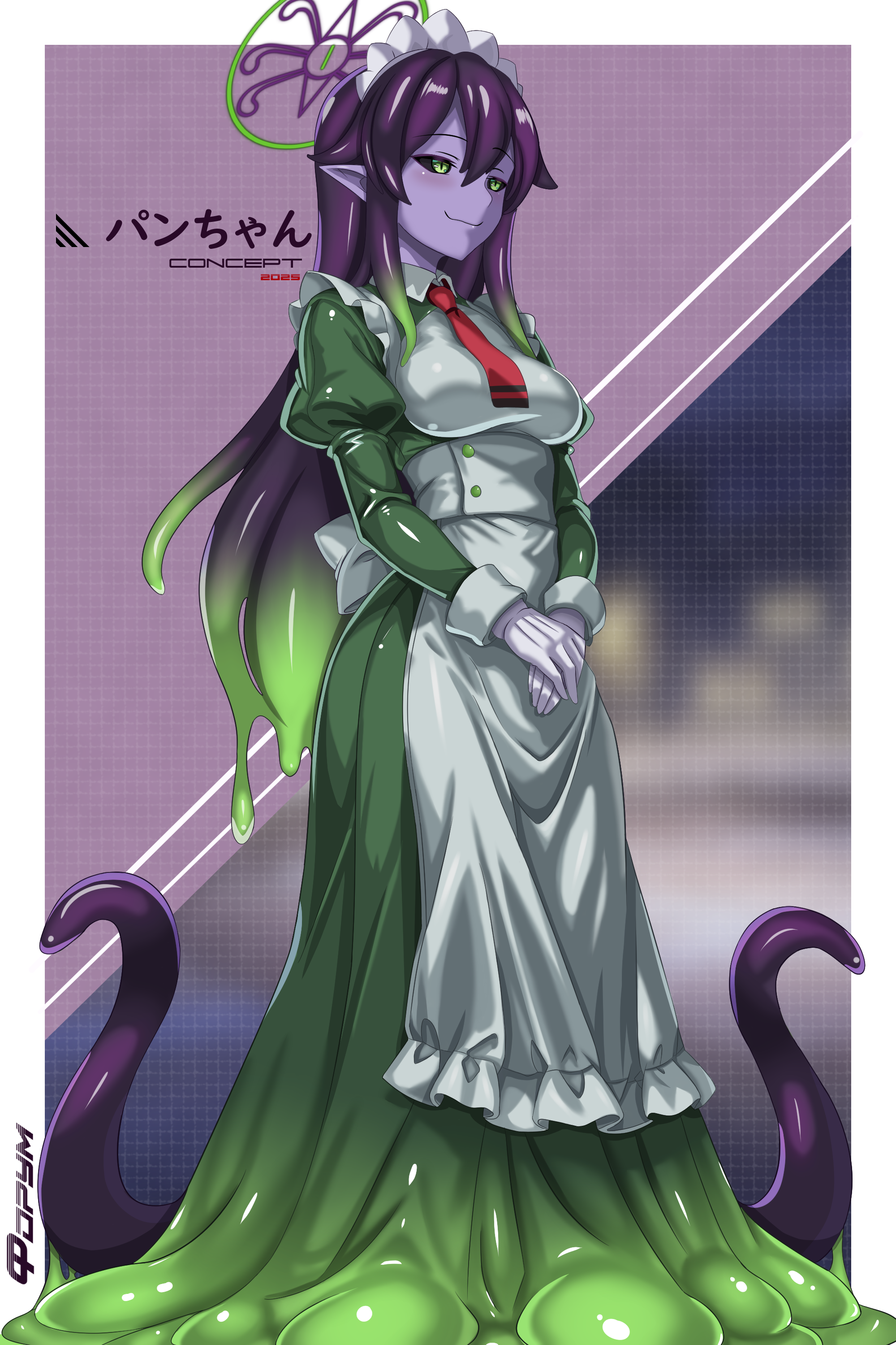 f0rum7v, blue archive, absurdres, commentary, highres, 1girl, apron, black sclera, breasts, character name, colored sclera, colored skin, frills, full body, gloves, gradient hair, green eyes, green hair, hair between eyes, halo, juliet sleeves, long hair, long sleeves, maid, maid apron, maid headdress, medium breasts, monster girl, multicolored hair, necktie, own hands together, pan-chan (blue archive), personification, pointy ears, puffy sleeves, purple hair, purple skin, red necktie, russian commentary, slime girl, slime hair, slit pupils, smile, solo, tentacles, white gloves