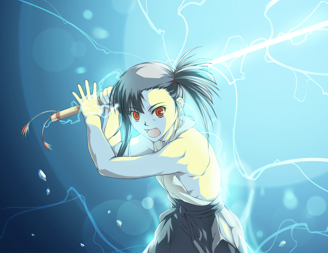 suda (yuunagi enikki), sakurazaki setsuna, mahou sensei negima!, 00s, asymmetrical bangs, side ponytail, solo, sword, weapon