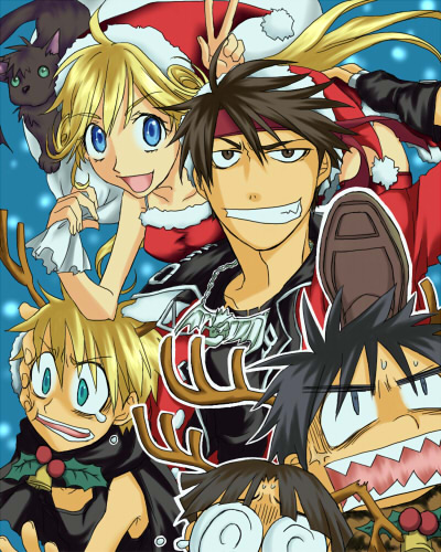 kittaka kaname, koma (pixiv), koma (pixiv340561), cleo everlastin, dortin, leki, majic lin, orphen, volkan, majutsushi orphen, lowres, 1girl, 4boys, antlers, black hair, blonde hair, blue eyes, christmas, hat, headband, horns, multiple boys, open mouth, santa costume, santa hat