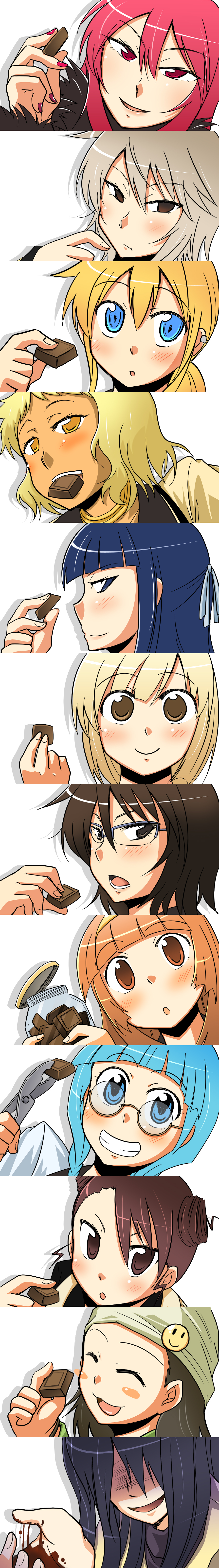 pikachi, andou nene, iizuka tatsuki, kageyama torako, kazamatsuri touma, kobayashi koma, makunouchi ushio, nikaidou hitsugi, nonomura ayumi, ooba minato, saotome suzume, suzugasaki chie, suzugazaki chie, tsubomiya inori, hyakko, absurdres, highres, long image, tall image, 00s, 6+girls, :3, black hair, blonde hair, blue eyes, blue hair, brown eyes, brown hair, chocolate, double bun, everyone, glasses, grin, hairband, hat, jar, long hair, mouth hold, multiple girls, orange eyes, orange hair, pliers, red eyes, red hair, school uniform, short hair, smile, yellow eyes