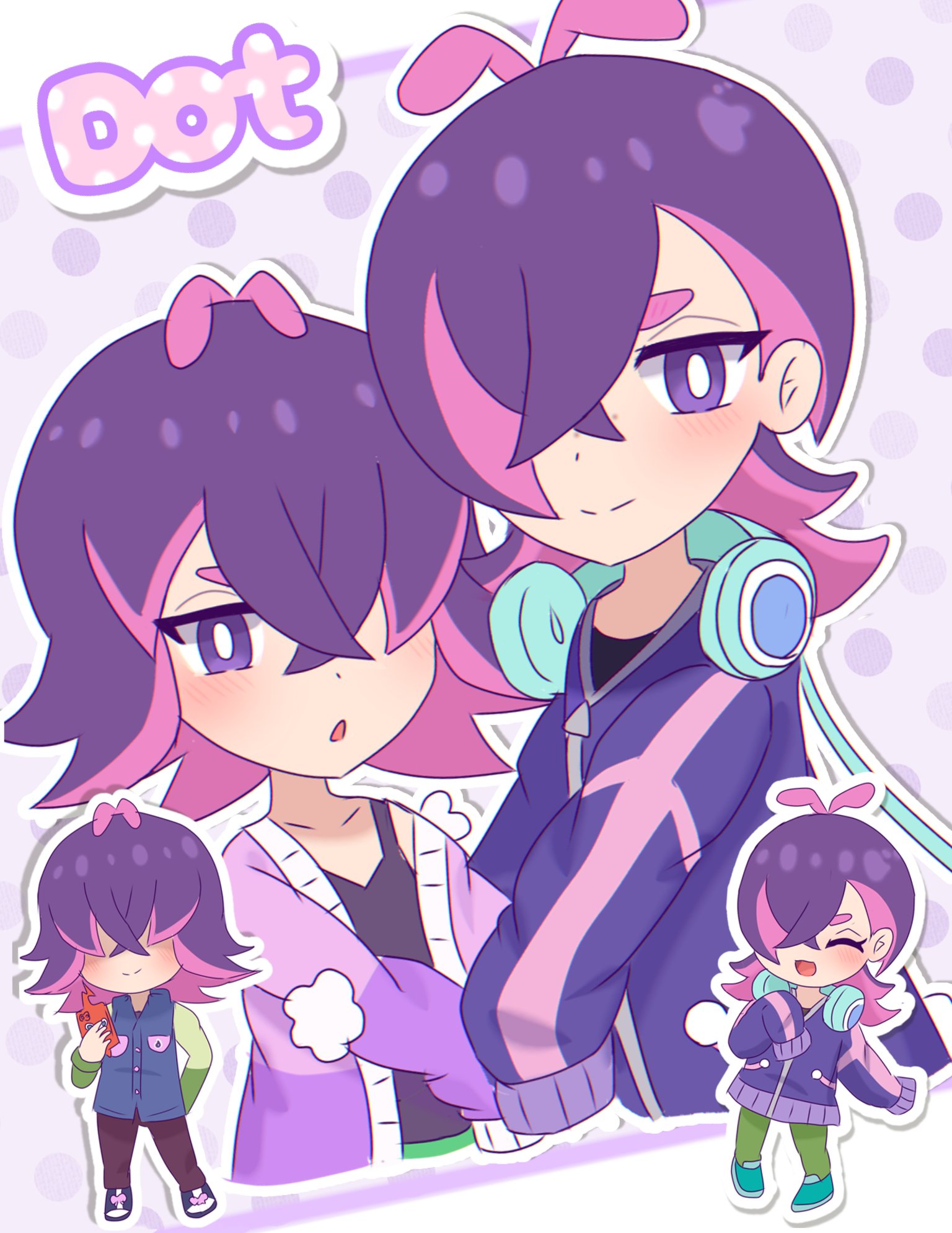 dot (pokemon), rotom, rotom phone, nintendo, pokemon, pokemon (anime), pokemon horizons, highres, 1girl, :o, blush, character name, chibi, chibi inset, closed mouth, colored inner hair, gen 4 pokemon, hair over one eye, headphones, headphones around neck, holding, holding phone, honomochi5423, jacket, looking at viewer, medium hair, multicolored hair, multiple views, open mouth, phone, pink hair, purple eyes, purple hair, purple jacket, short hair, sleeves past fingers, sleeves past wrists, smile, time paradox, two-tone hair