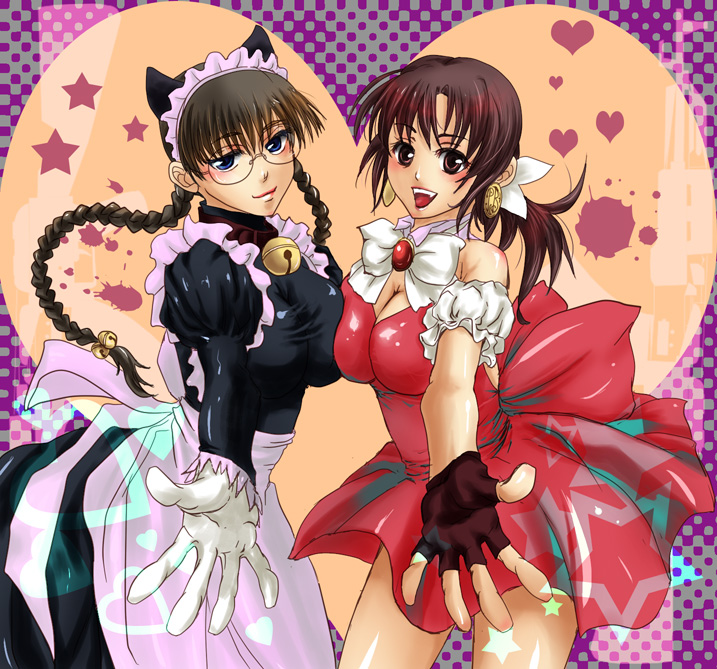 ushiro mahe, revy (black lagoon), roberta (black lagoon), black lagoon, bad id, bad pixiv id, 2girls, cosplay, magical girl, multiple girls, ponytail, simple background