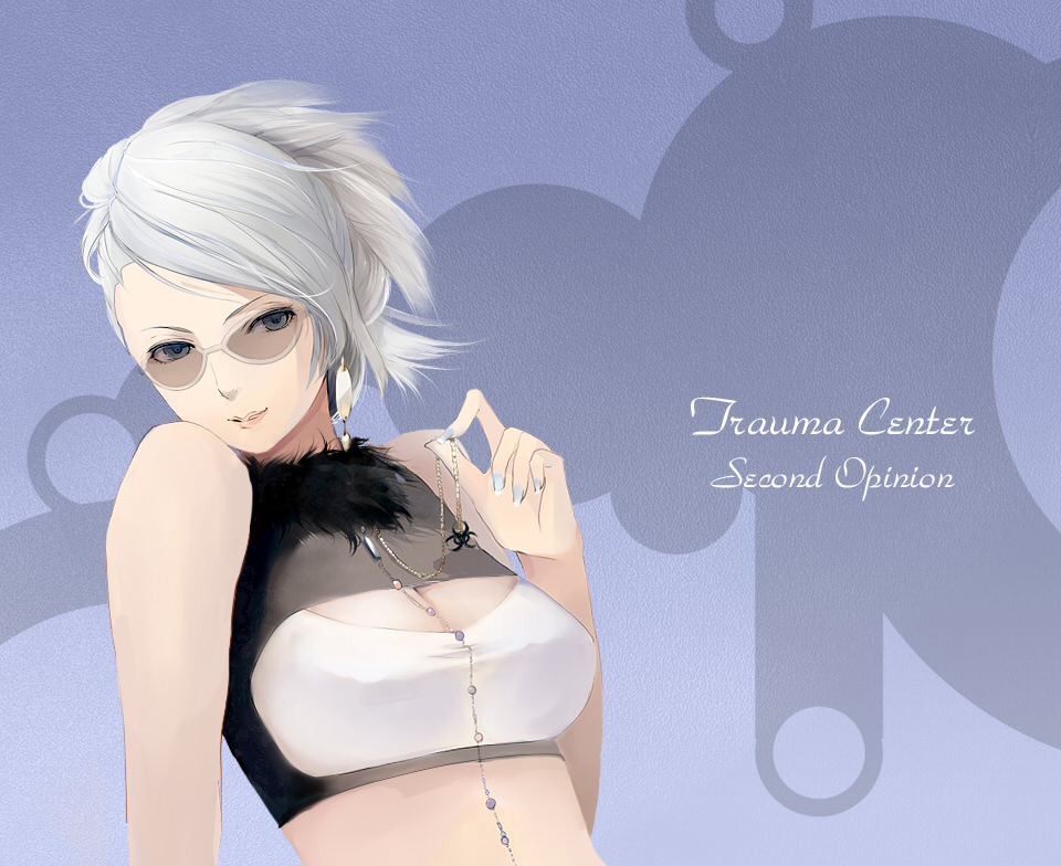 aralez, mira kimishima, chou shittou caduceus, fur, silver hair, bad id, bad pixiv id, 1girl, bare shoulders, biohazard symbol, blue eyes, breasts, cleavage, earrings, female focus, grey nails, jewelry, large breasts, lips, midriff, nail polish, necklace, single earring, smile, solo, sunglasses