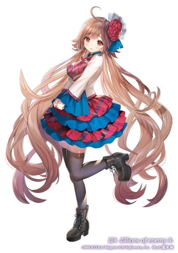 yuasa akira, z/x, official art, 1girl, ahoge, black shoes, black thighhighs, brown eyes, brown hair, closed mouth, copyright notice, dress, flower, frilled dress, frills, hair flower, hair ornament, long hair, looking at viewer, prism (z/x), shoes, solo, standing, standing on one leg, thighhighs, very long hair, white background