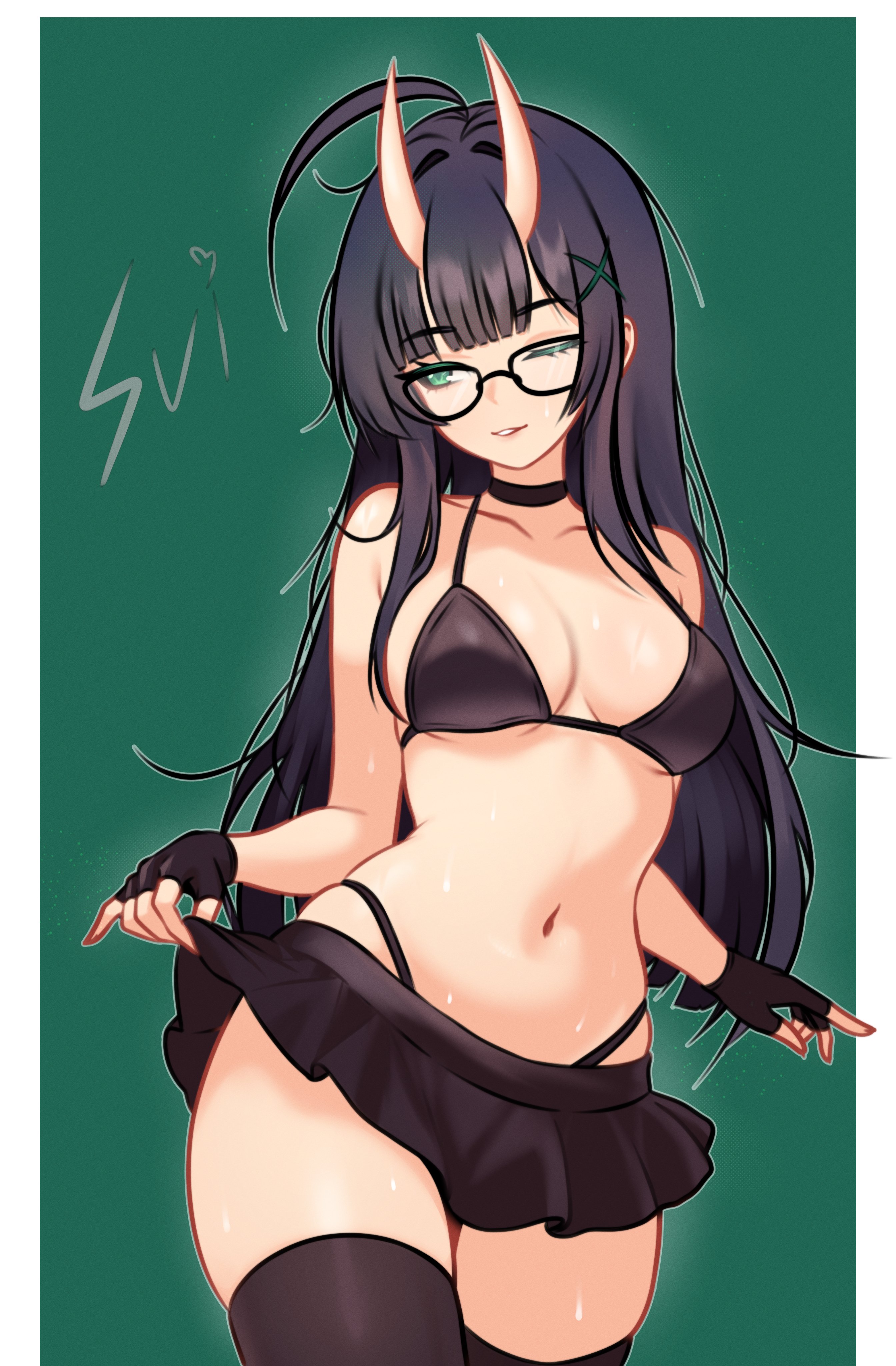 anb (anb draws), original, absurdres, commentary, highres, symbol-only commentary, 1girl, 2025, bikini, bikini under clothes, black-framed eyewear, black bikini, black gloves, black hair, black skirt, black thighhighs, breasts, clothes lift, contrapposto, cowboy shot, demon girl, demon horns, fingerless gloves, glasses, gloves, green eyes, hair ornament, highleg, highleg bikini, horns, lifting own clothes, long hair, medium breasts, navel, one eye closed, skin-covered horns, skirt, skirt lift, solo, swimsuit, thighhighs, x hair ornament