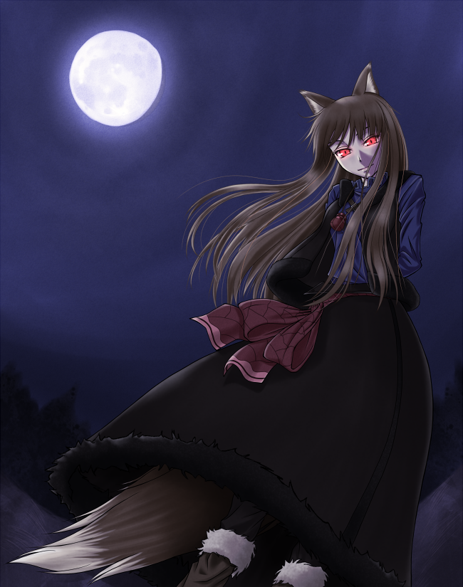 sukua, tk28, holo, spice and wolf, 00s, 1girl, animal ears, brown hair, female focus, glowing, glowing eyes, long hair, moon, night, red eyes, solo, tail, wolf ears, wolf tail