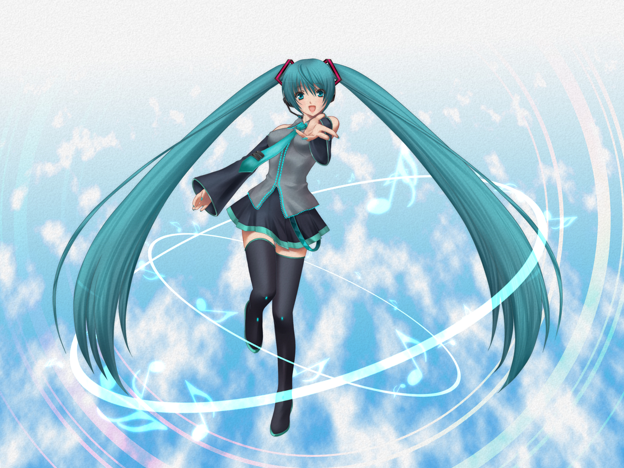 nyin, hatsune miku, vocaloid, bad id, bad pixiv id, aqua eyes, aqua hair, detached sleeves, headset, long hair, musical note, necktie, skirt, solo, thighhighs, twintails, zettai ryouiki