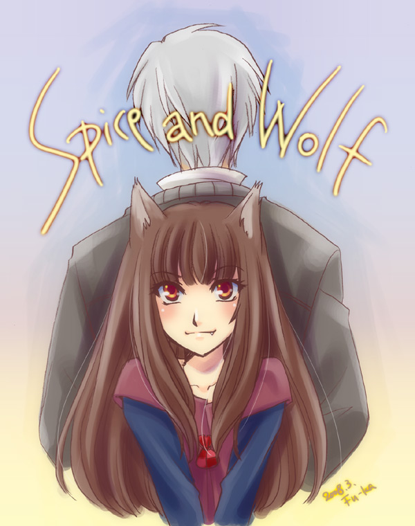 fu-ka, kazabana, craft lawrence, holo, spice and wolf, silver hair, 00s, animal ears, brown eyes, brown hair, fang, height difference, long hair, short hair, wolf ears