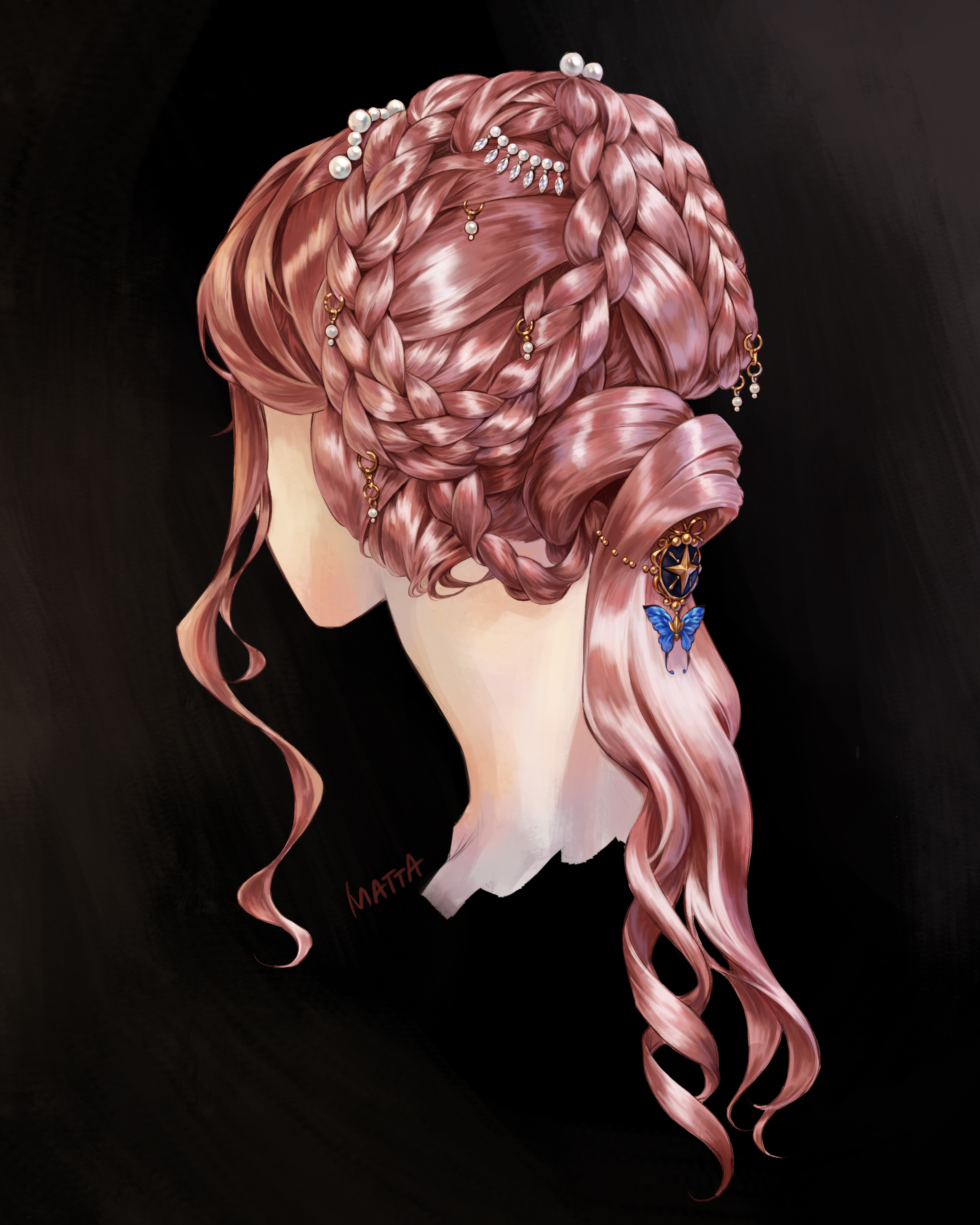 original, absurdres, commentary, english commentary, highres, 1girl, artist name, black background, braid, braided bun, butterfly hair ornament, cropped head, from behind, hair bun, hair focus, hair ornament, jewelry, long hair, matta a, pearl hair ornament, pink hair, solo