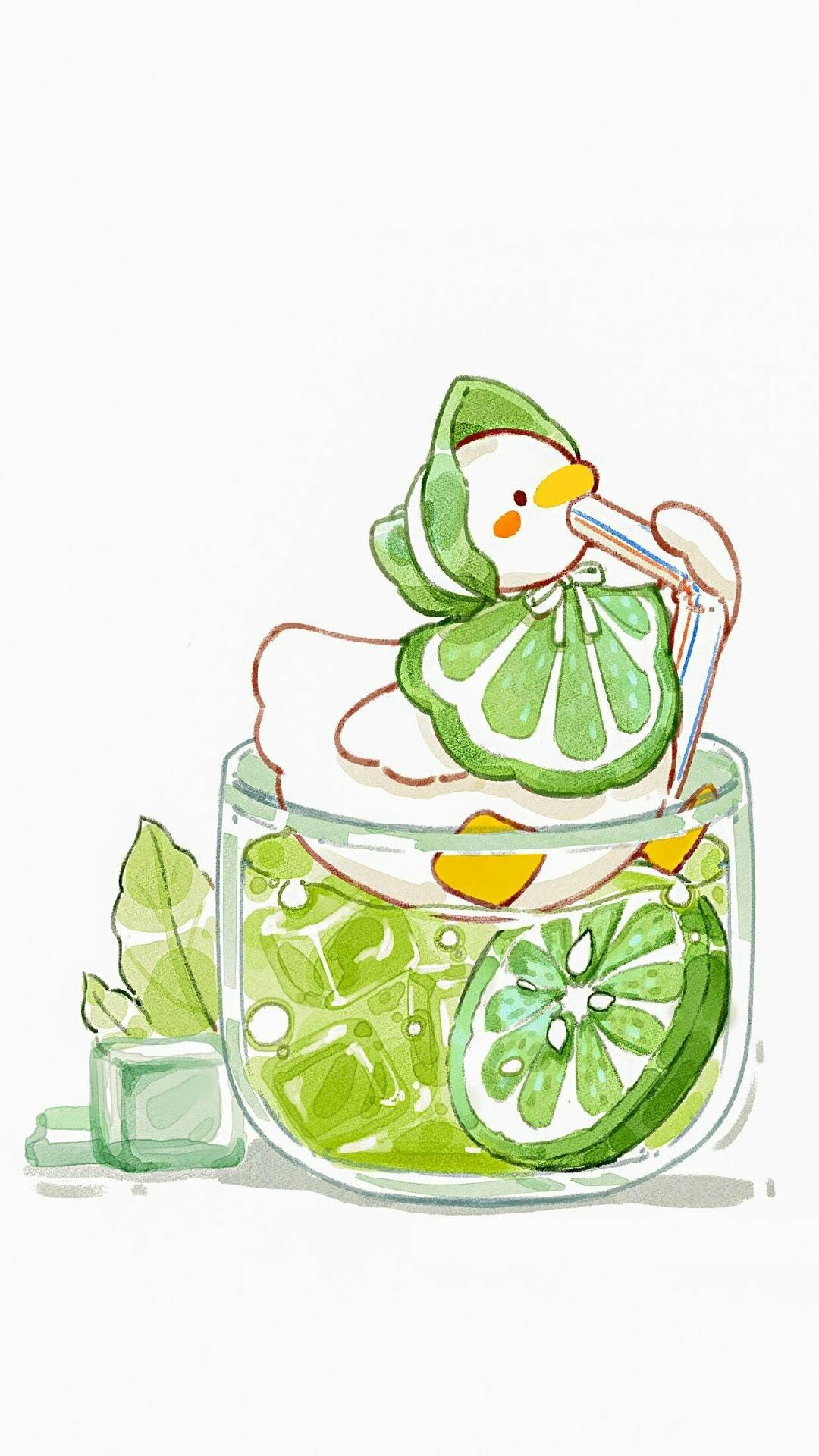 original, artist request, highres, painting (medium), source request, third-party source, traditional media, watercolor (medium), animal, animal focus, beak, bird, black eyes, blush stickers, bubble, clothed animal, cup, drinking, drinking glass, drinking straw, duck, food, food focus, food print, fruit, green bonnet, green poncho, ice, ice cube, in container, in cup, leaf, lime (fruit), lime slice, looking ahead, neck ribbon, no humans, print poncho, ribbon, shadow, simple background, sitting, soda, solid circle eyes, white background, white ribbon