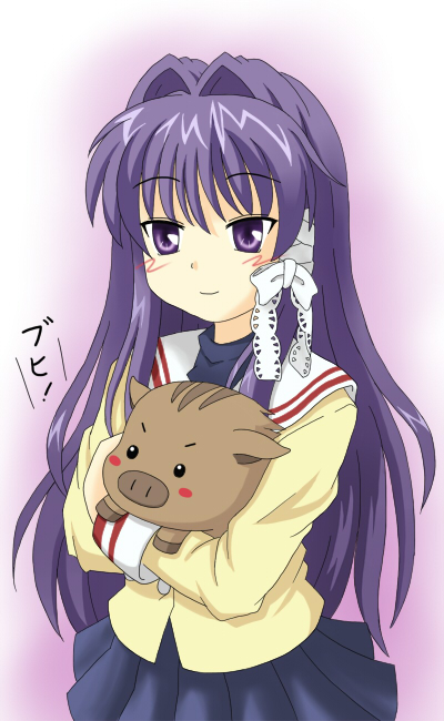 yunkaasu (kakushiaji), botan (clannad), fujibayashi kyou, clannad, 00s, 1girl, female focus, hair ribbon, long hair, purple eyes, purple hair, ribbon, school uniform, solo