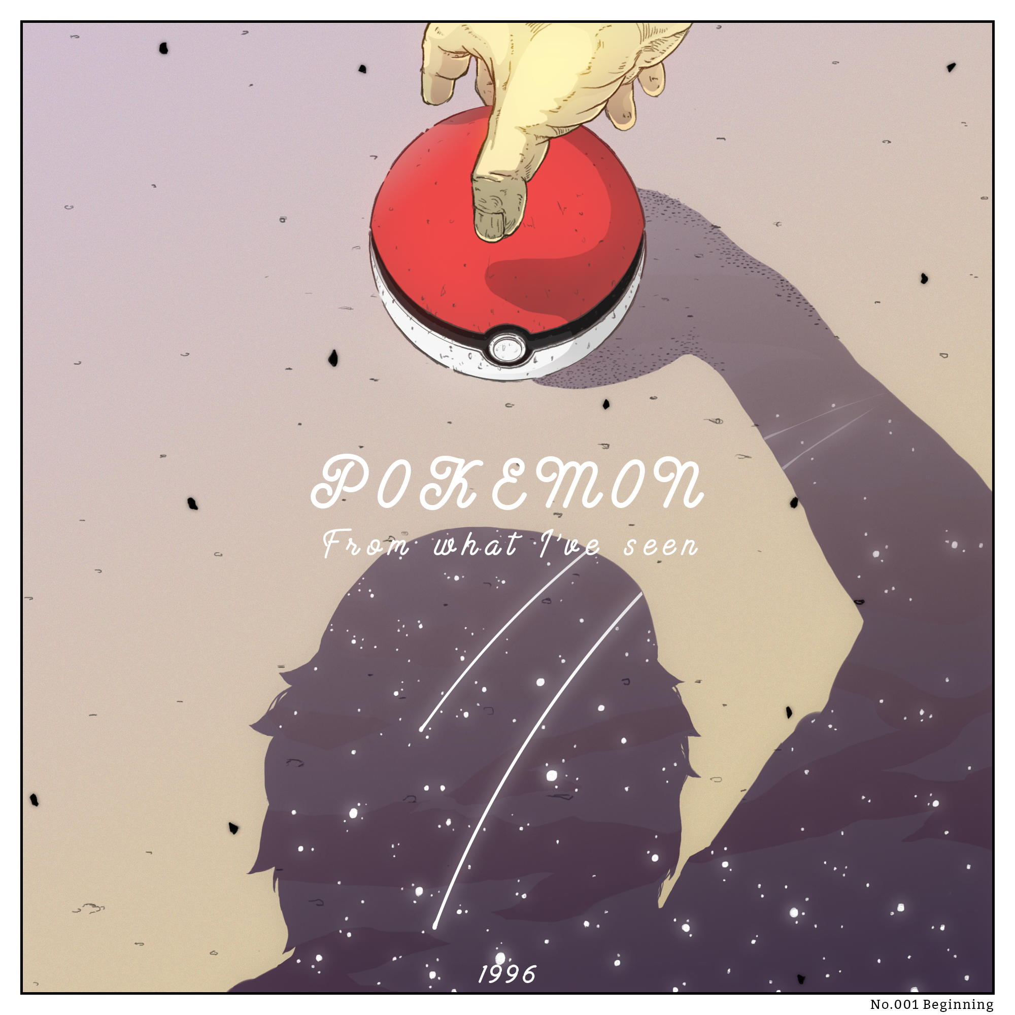 russiya, red (pokemon), nintendo, pokemon, pokemon rgby, commentary request, highres, 1boy, border, copyright name, dated, english text, fingernails, light particles, male focus, picking up, poke ball, poke ball (basic), pov, shadow, white border