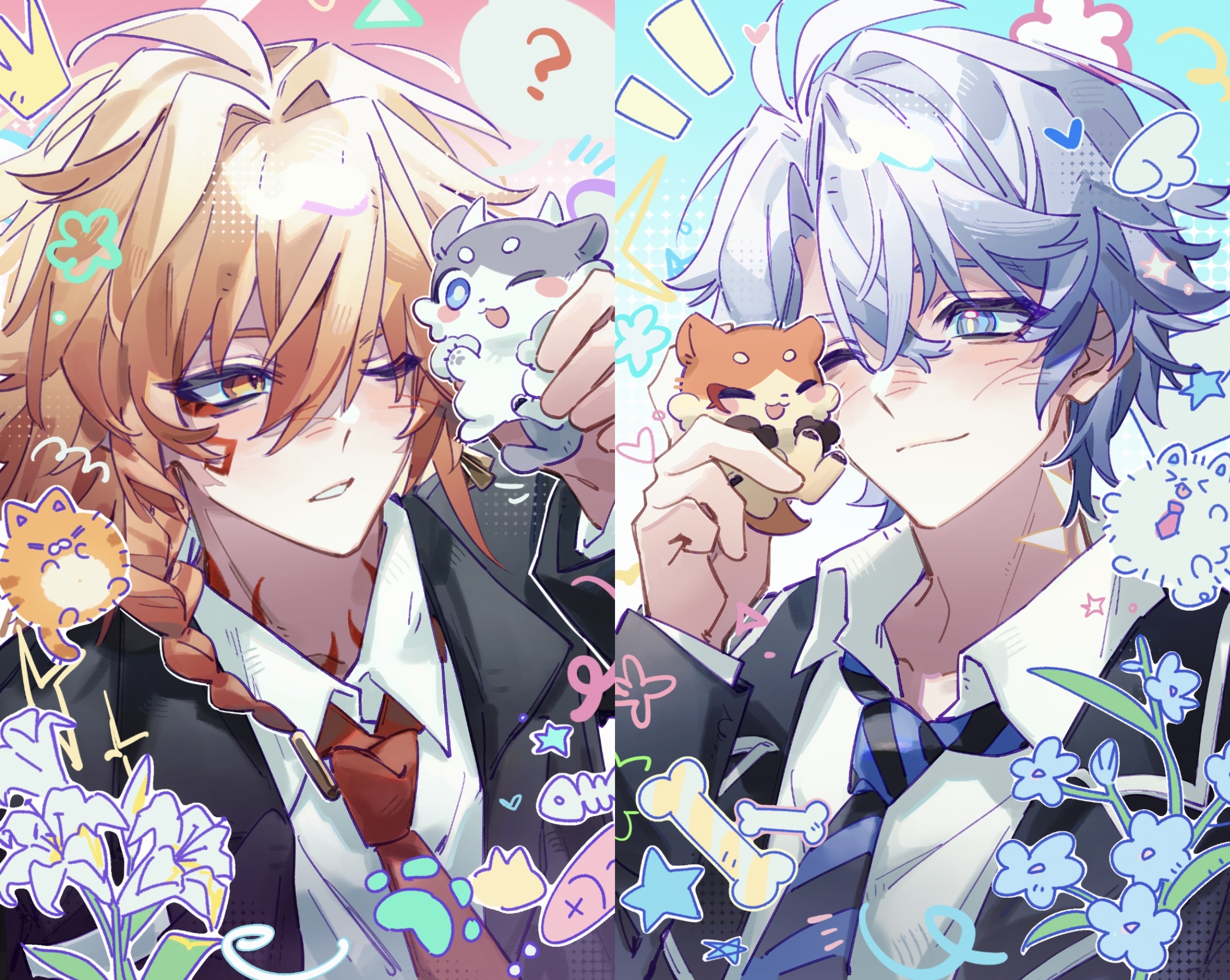 mydei (fig stew) (honkai: star rail), mydei (honkai: star rail), phainon (honkai: star rail), phainon (vigethos) (honkai: star rail), honkai: star rail, honkai (series), chinese commentary, commentary request, highres, 2boys, antenna hair, black jacket, blonde hair, blue eyes, blue neckerchief, braid, chimera (honkai: star rail), collared shirt, dayang36651, facial tattoo, gradient hair, jacket, male focus, medium hair, multicolored hair, multiple boys, neck tattoo, neckerchief, necktie, one eye closed, open clothes, open jacket, parted bangs, red hair, red necktie, red tattoo, shirt, short hair, side braid, sun symbol, sun tattoo, tan, tattoo, white shirt, yellow eyes