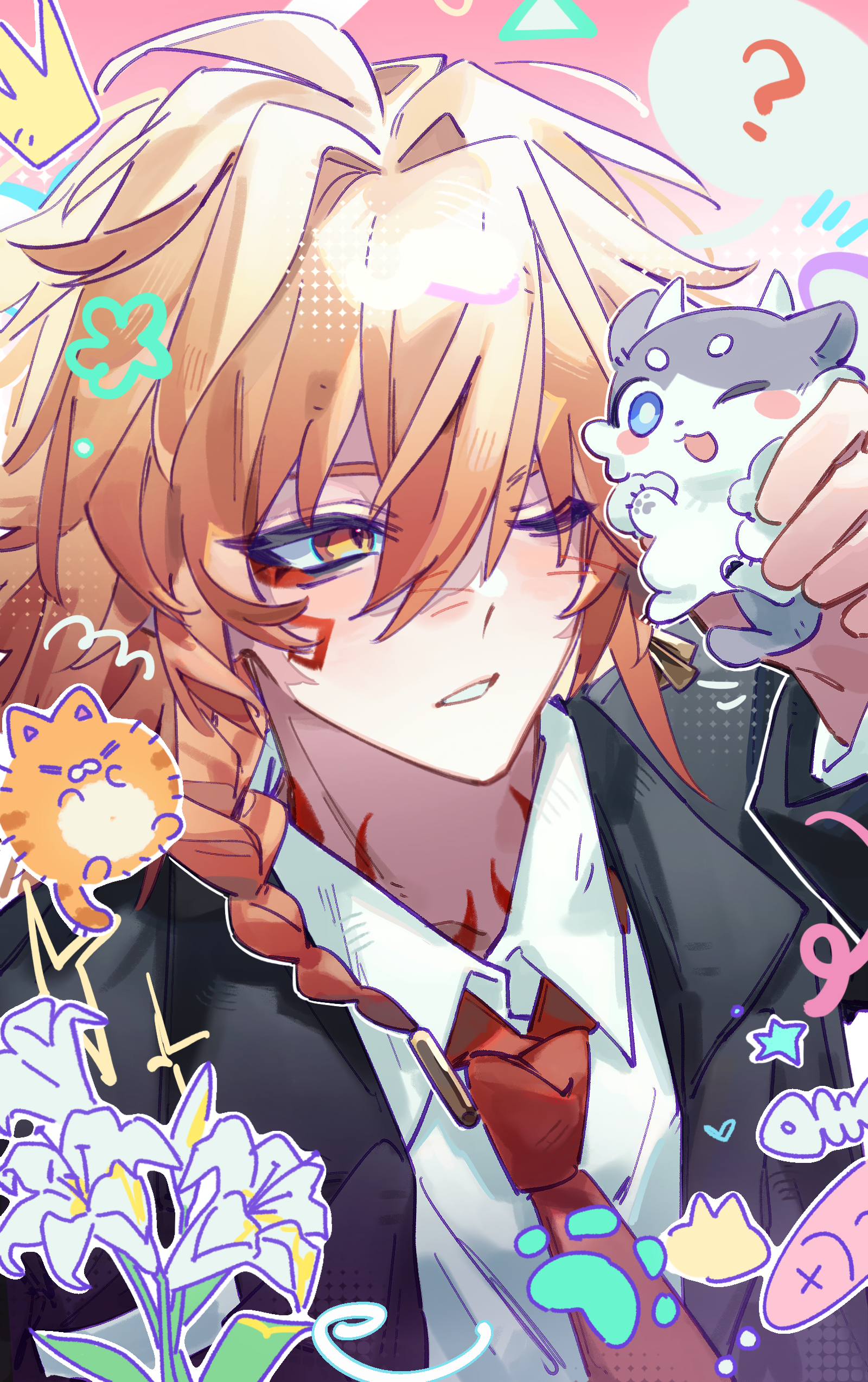 mydei (honkai: star rail), phainon (honkai: star rail), phainon (vigethos) (honkai: star rail), honkai: star rail, honkai (series), absurdres, chinese commentary, commentary request, highres, 1boy, black jacket, blonde hair, braid, chimera (honkai: star rail), collared shirt, dayang36651, facial tattoo, gradient hair, jacket, male focus, medium hair, multicolored hair, neck tattoo, necktie, one eye closed, open clothes, open jacket, red hair, red necktie, red tattoo, shirt, side braid, solo, tattoo, white shirt, yellow eyes