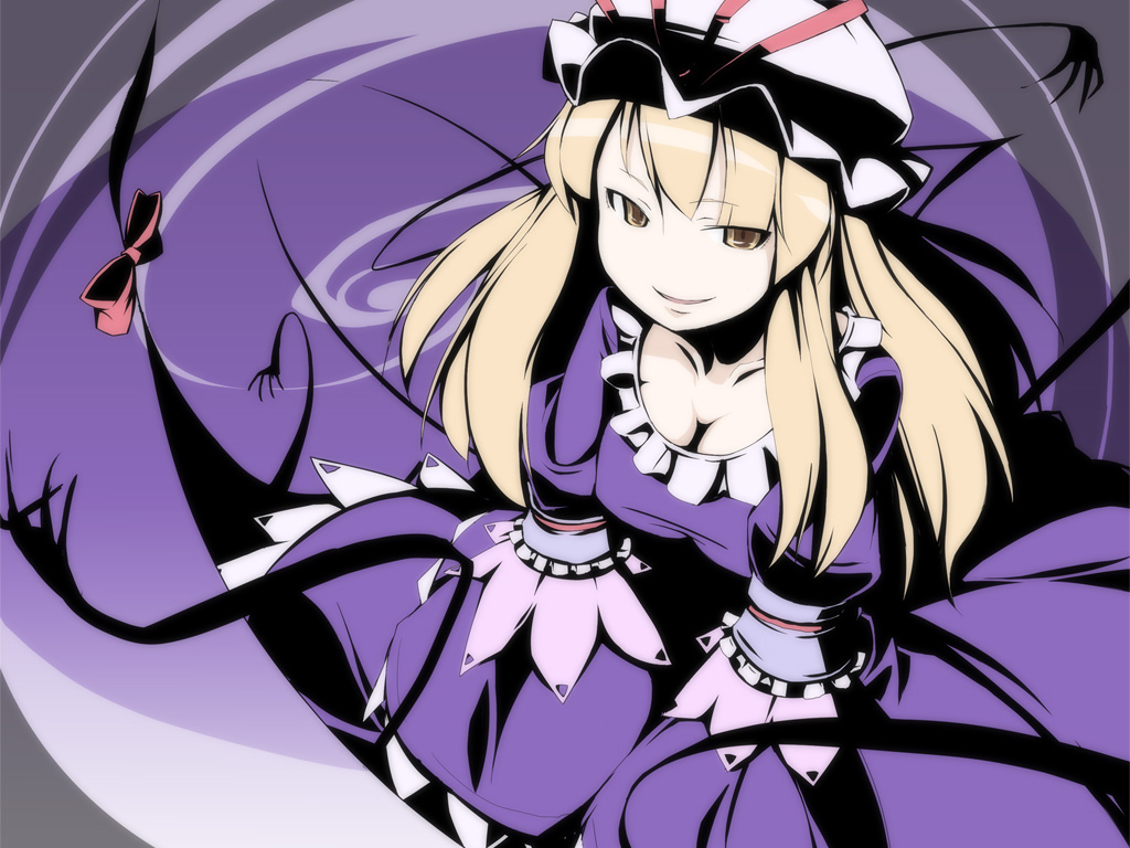 asakura masatoki, yakumo yukari, touhou, 1girl, breasts, cleavage, female focus, from above, gap (touhou), no nose, smirk, solo