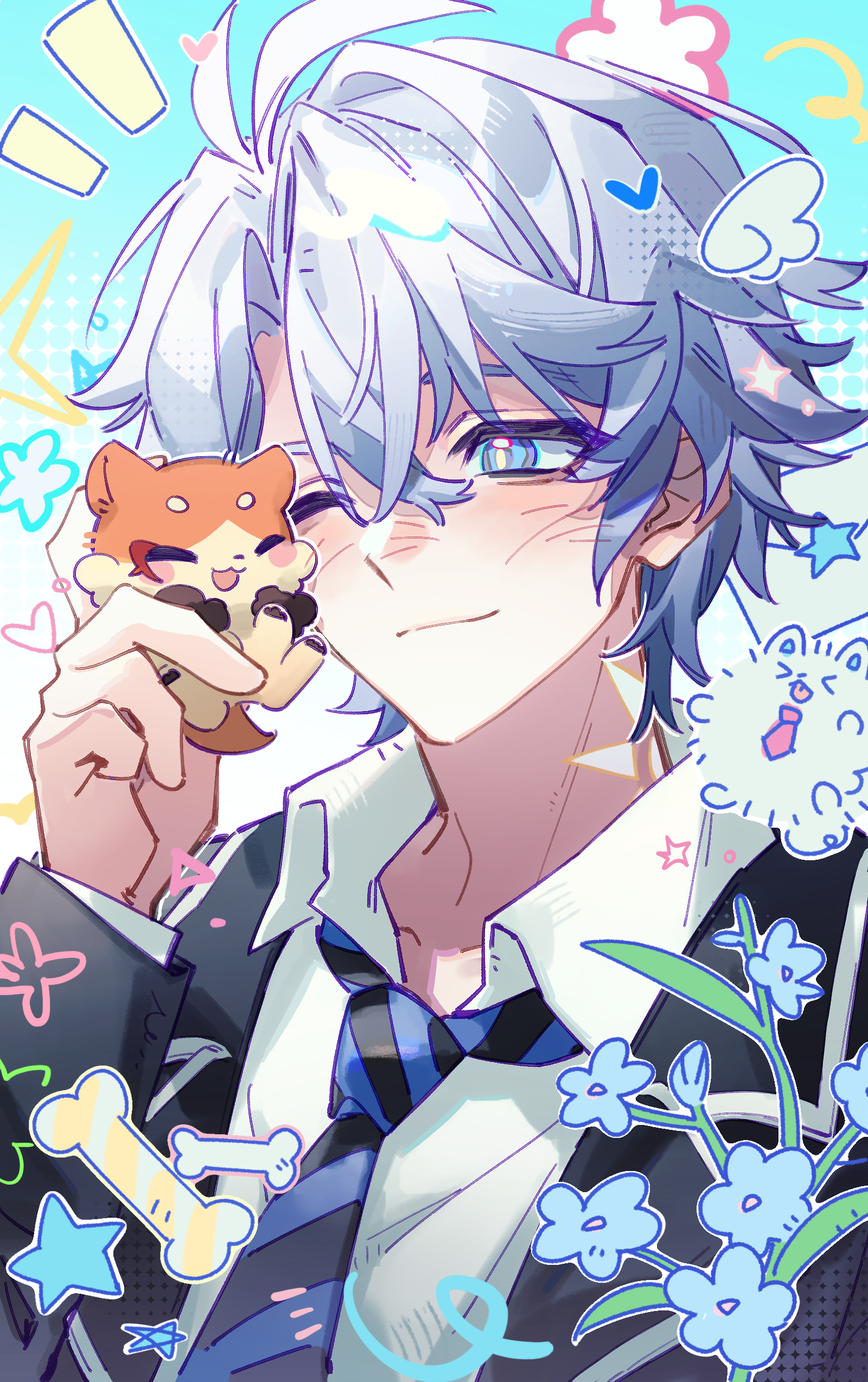 mydei (fig stew) (honkai: star rail), mydei (honkai: star rail), phainon (honkai: star rail), honkai: star rail, honkai (series), absurdres, chinese commentary, commentary request, highres, 1boy, antenna hair, black jacket, blue eyes, blue neckerchief, chimera (honkai: star rail), collared shirt, dayang36651, jacket, male focus, neck tattoo, neckerchief, one eye closed, open clothes, open jacket, parted bangs, shirt, short hair, solo, sun symbol, sun tattoo, tan, tattoo, white shirt
