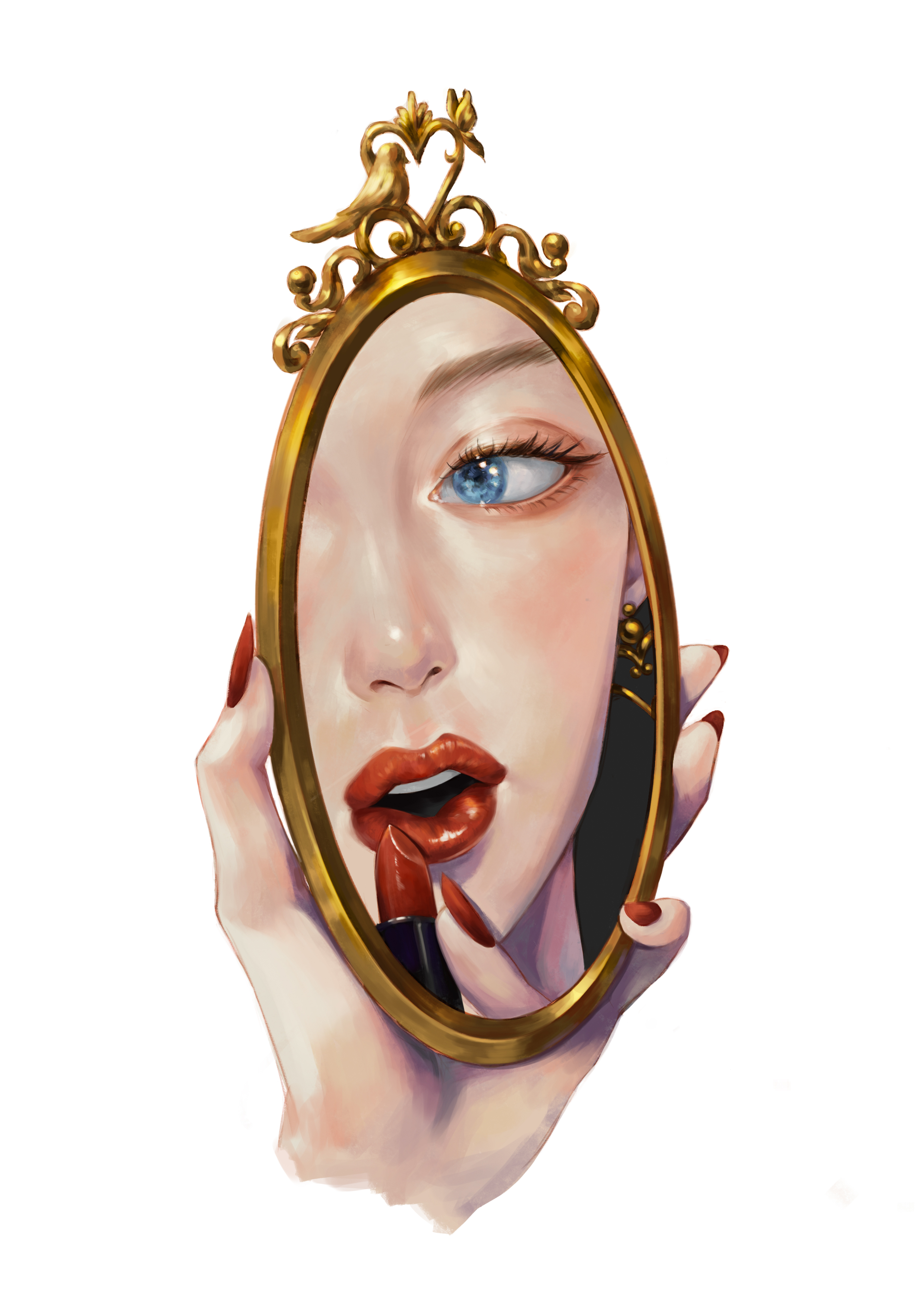 original, absurdres, commentary, english commentary, highres, 1girl, applying lipstick, applying makeup, blue eyes, cosmetics, eyelashes, fingernails, hand mirror, holding, holding lipstick tube, holding mirror, lipstick tube, long fingernails, matta a, mirror, nail polish, open mouth, realistic, red lips, red nails, reflection, reflection focus, simple background, solo, white background