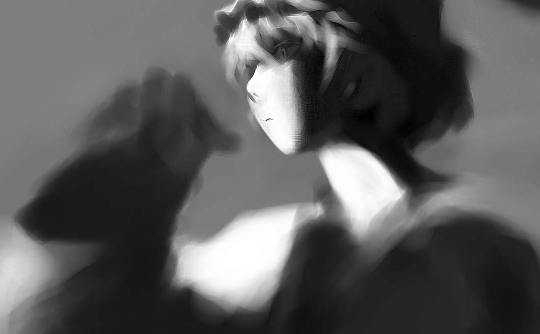 futon (kitsune tsuki), kitsune tsuki, yakumo ran, touhou, 1girl, blurry, female focus, greyscale, hat, mob cap, monochrome, short hair, solo