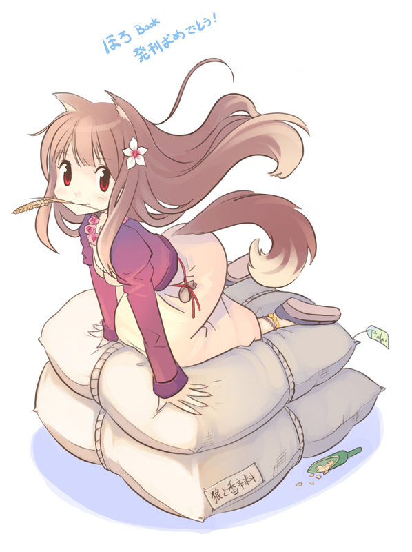 piah, holo, spice and wolf, 00s, animal ears, brown hair, flower, hair flower, hair ornament, long hair, mouth hold, red eyes, solo, tail, wheat, wolf ears, wolf tail