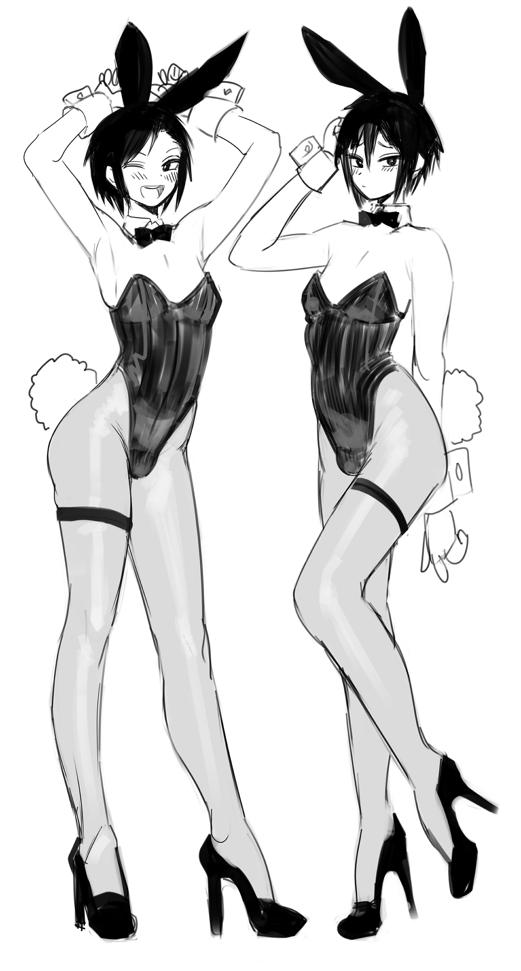 2n5, original, highres, androgynous, animal ears, bare shoulders, black bow, black leotard, bow, detached collar, fake animal ears, full body, greyscale, high heels, leotard, male focus, male playboy bunny, monochrome, pantyhose, rabbit ears, short hair, simple background, strapless, strapless leotard, trap, white background, wrist cuffs