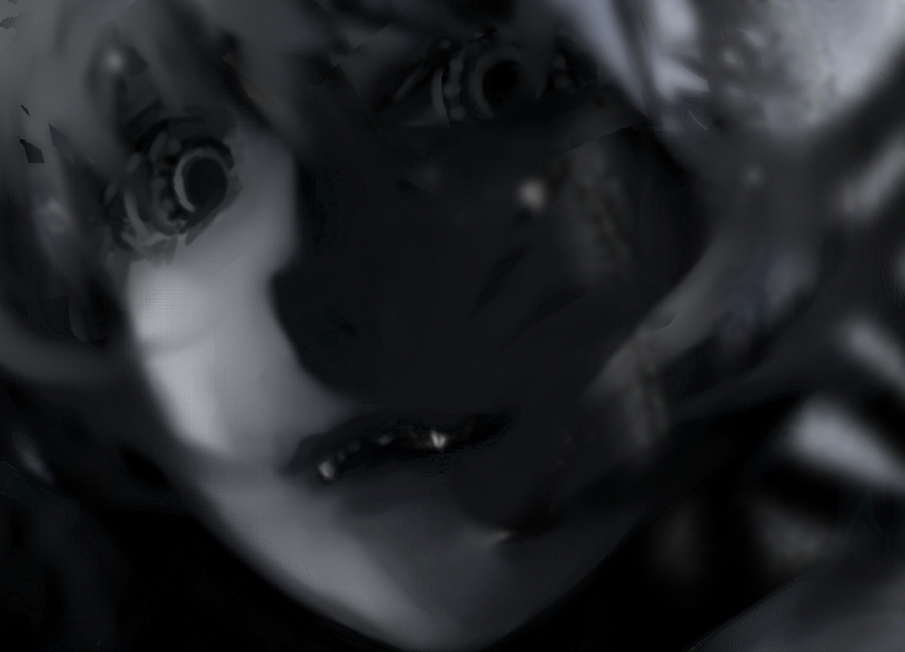 futon (kitsune tsuki), kitsune tsuki, yakumo ran, touhou, 1girl, dark, fangs, female focus, greyscale, monochrome, solo, staring