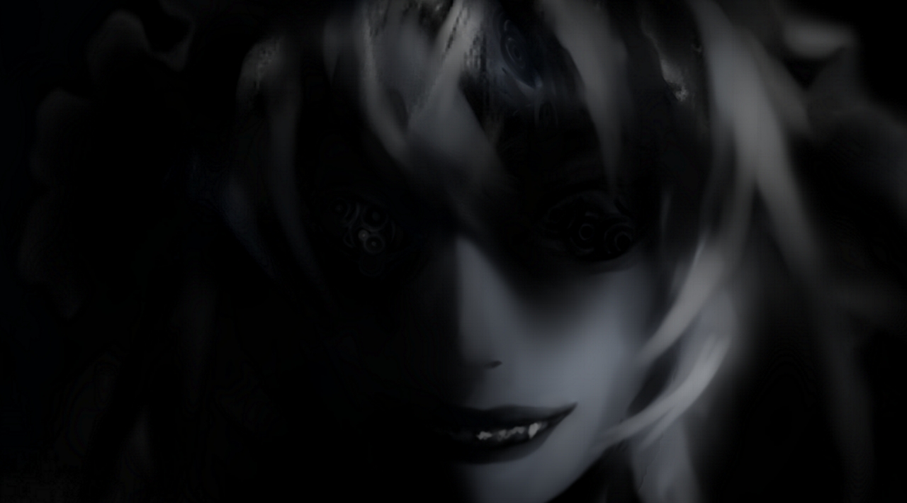 futon (kitsune tsuki), kitsune tsuki, yakumo ran, touhou, 1girl, dark, female focus, greyscale, grin, monochrome, smile, solo