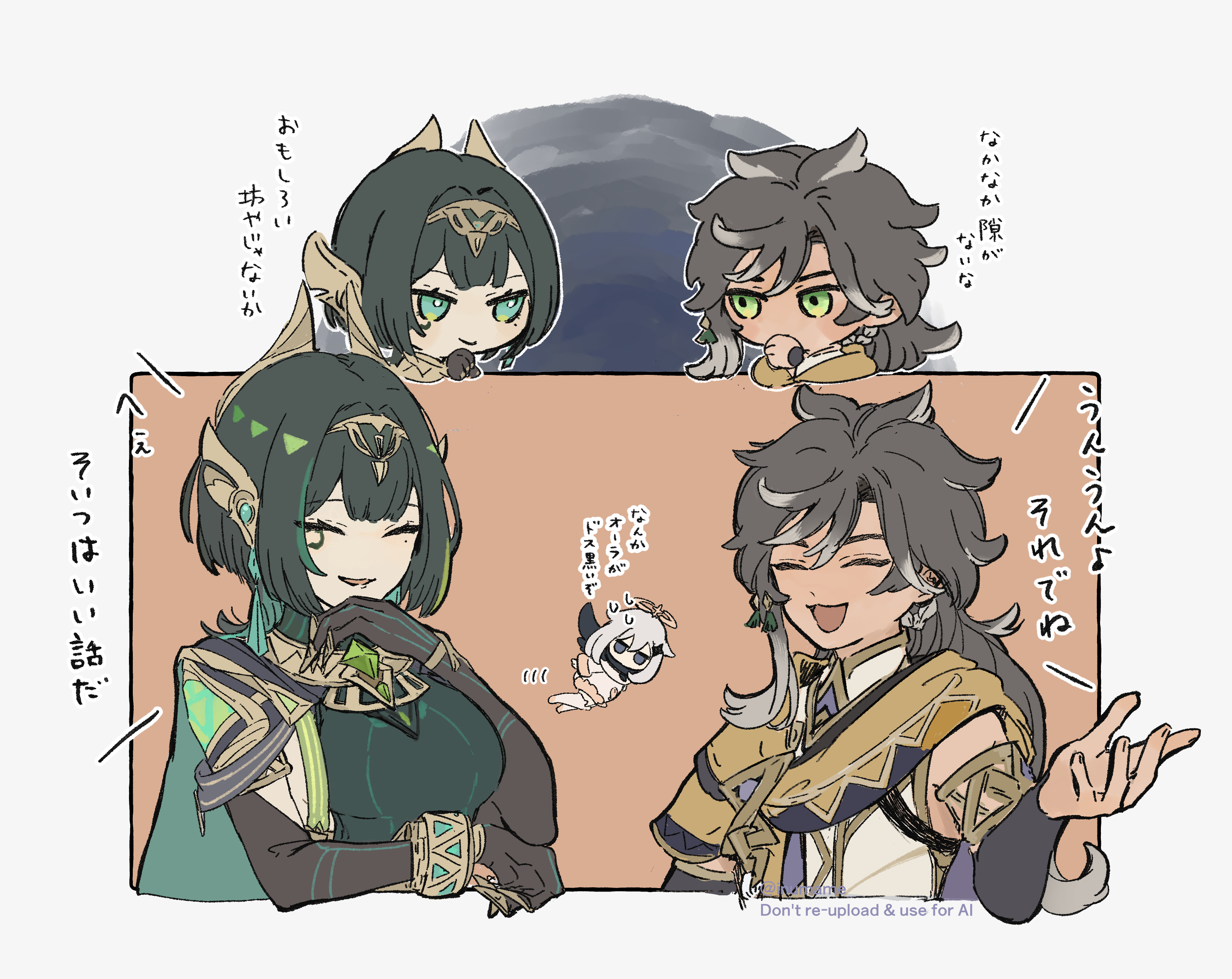 nefer (genshin impact), paimon (genshin impact), sethos (genshin impact), genshin impact, commentary request, highres, translation request, 1boy, 2girls, ^ ^, aqua eyes, arm under breasts, black gloves, black hair, boilmame, chibi, claws, closed eyes, colored tips, dark-skinned male, dark skin, elbow gloves, fake claws, gem, gloves, green eyes, green gemstone, green hair, green streaks, hair ornament, halo, looking at another, mark under eye, mole, mole under eye, multicolored hair, multiple girls, multiple views, streaked hair, talking, twitter username