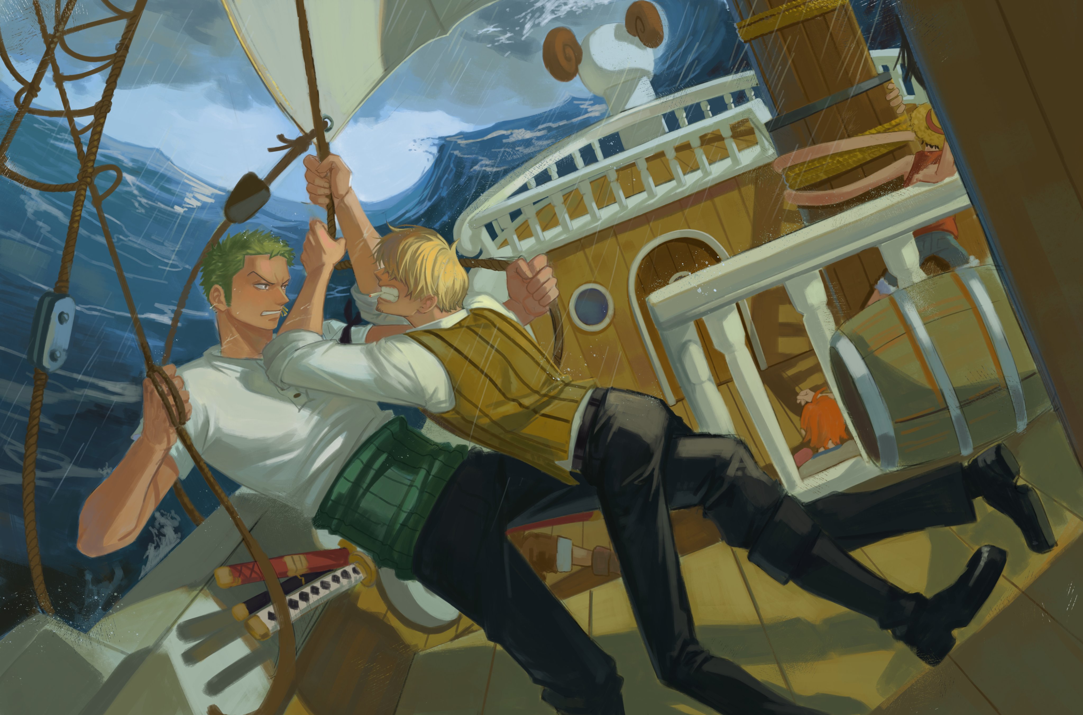 jennyandloiryan, going merry, monkey d. luffy, nami (one piece), roronoa zoro, sanji (one piece), usopp, one piece, absurdres, commentary, highres, 1girl, 4boys, black pants, black shoes, blonde hair, cigarette, green hair, looking at another, male focus, mouth hold, multiple boys, ocean, outdoors, pants, rain, ship deck, shirt, shoes, short hair, storm, sword, teeth hold, tripping, vest, waves, weapon, white shirt, wooden floor, yaoi, yellow vest