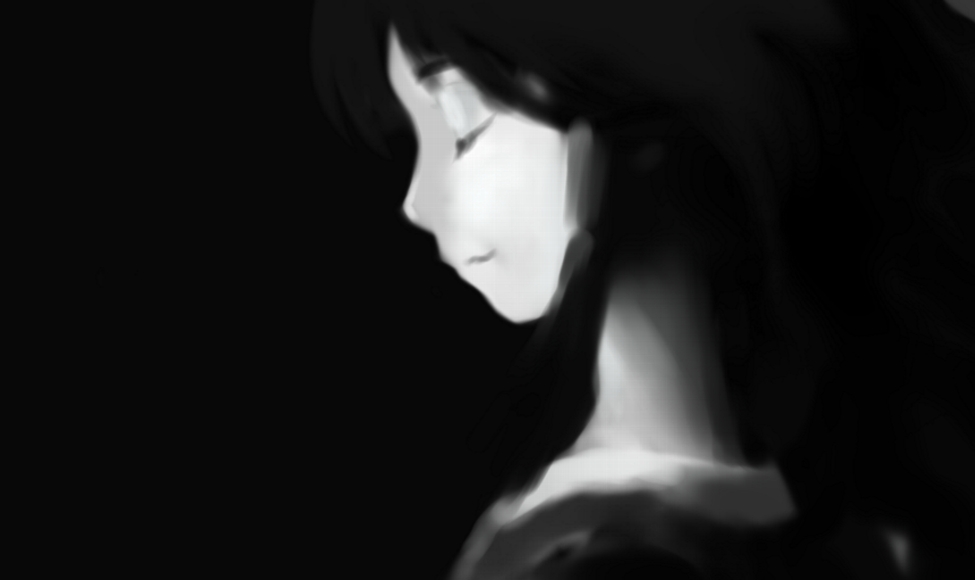 futon (kitsune tsuki), kitsune tsuki, hakurei reimu, touhou, 1girl, closed eyes, closed mouth, dark, female focus, from side, greyscale, monochrome, profile, smile, solo, upper body
