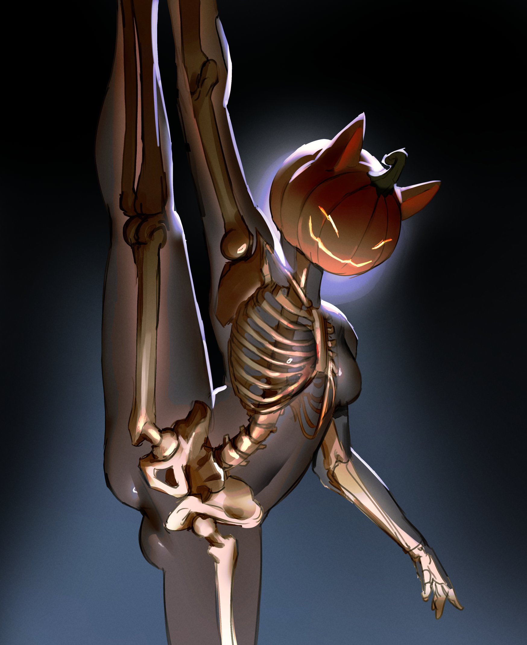 austinarts, fortnite, highres, 1girl, animal ears, breasts, cat ears, cowboy shot, grin, jack-o'-lantern head, pumpkin, see-through body, skeleton, small breasts, smile, split, standing, standing on one leg, standing split
